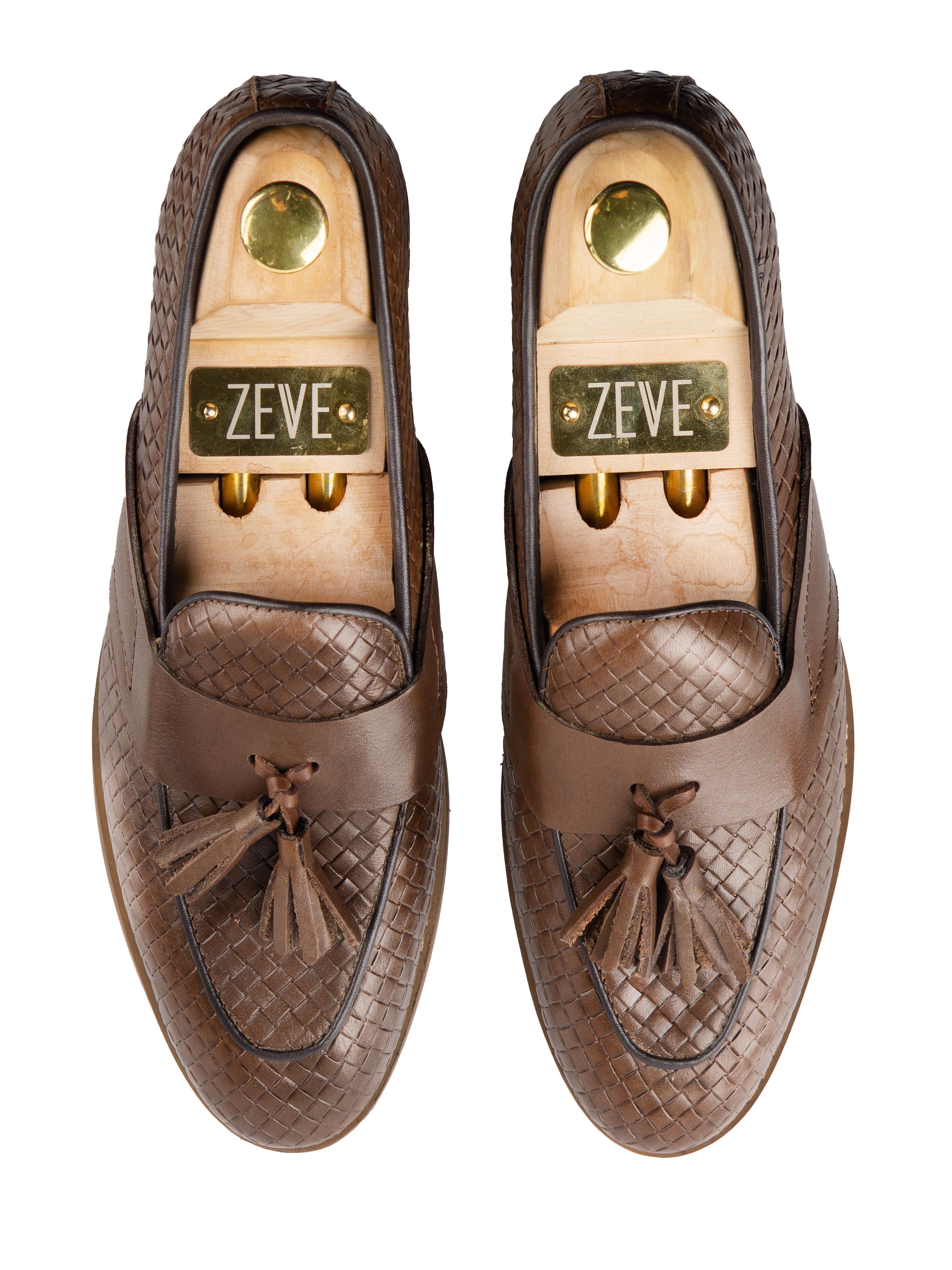 Belgian Loafer Tassel - Coffee Woven Leather with Solid Strap - Zeve Shoes