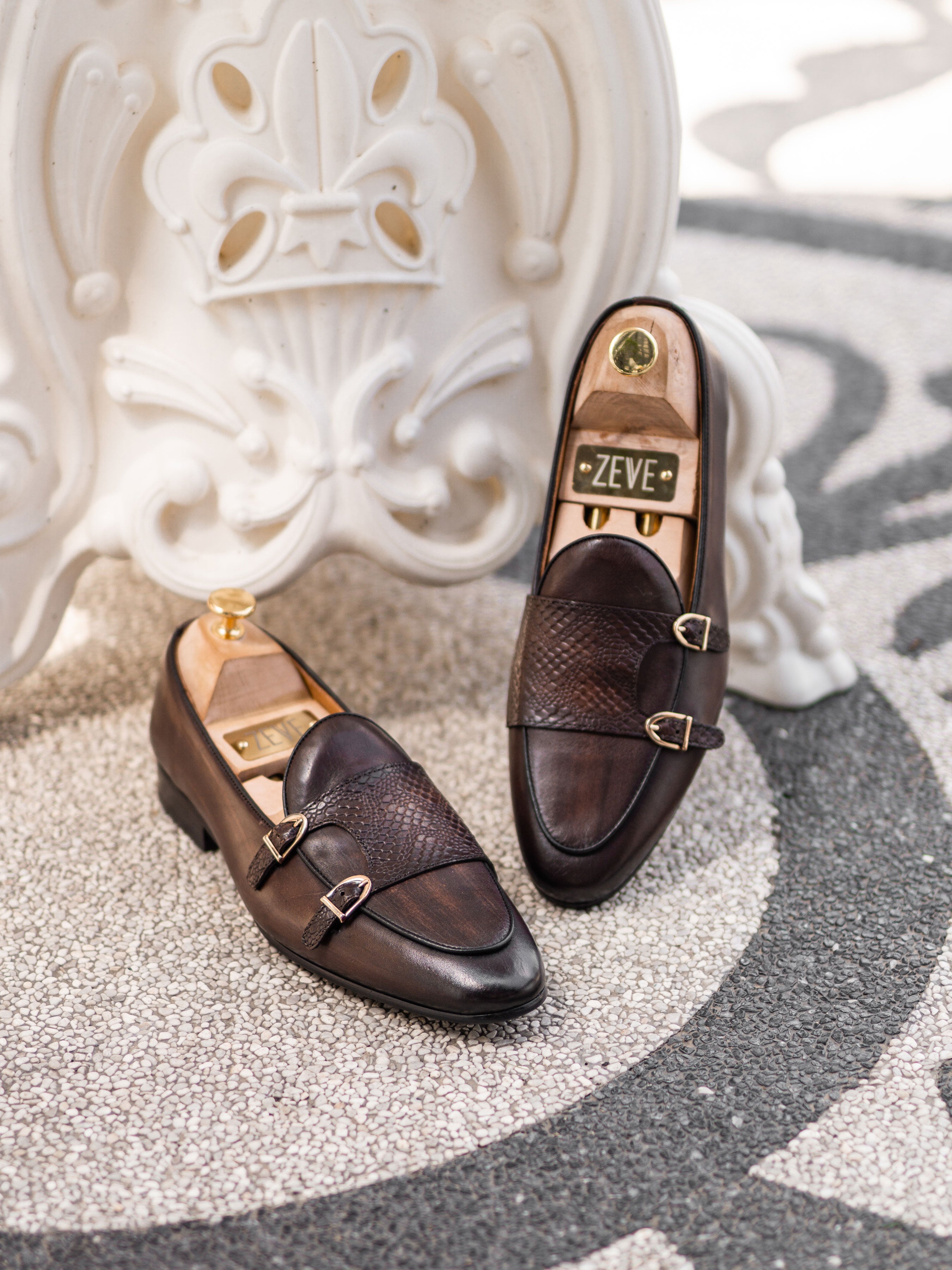 Belgian Loafer - Dark Brown Snake Skin Double Monk Strap (Hand Painted Patina) - Zeve Shoes