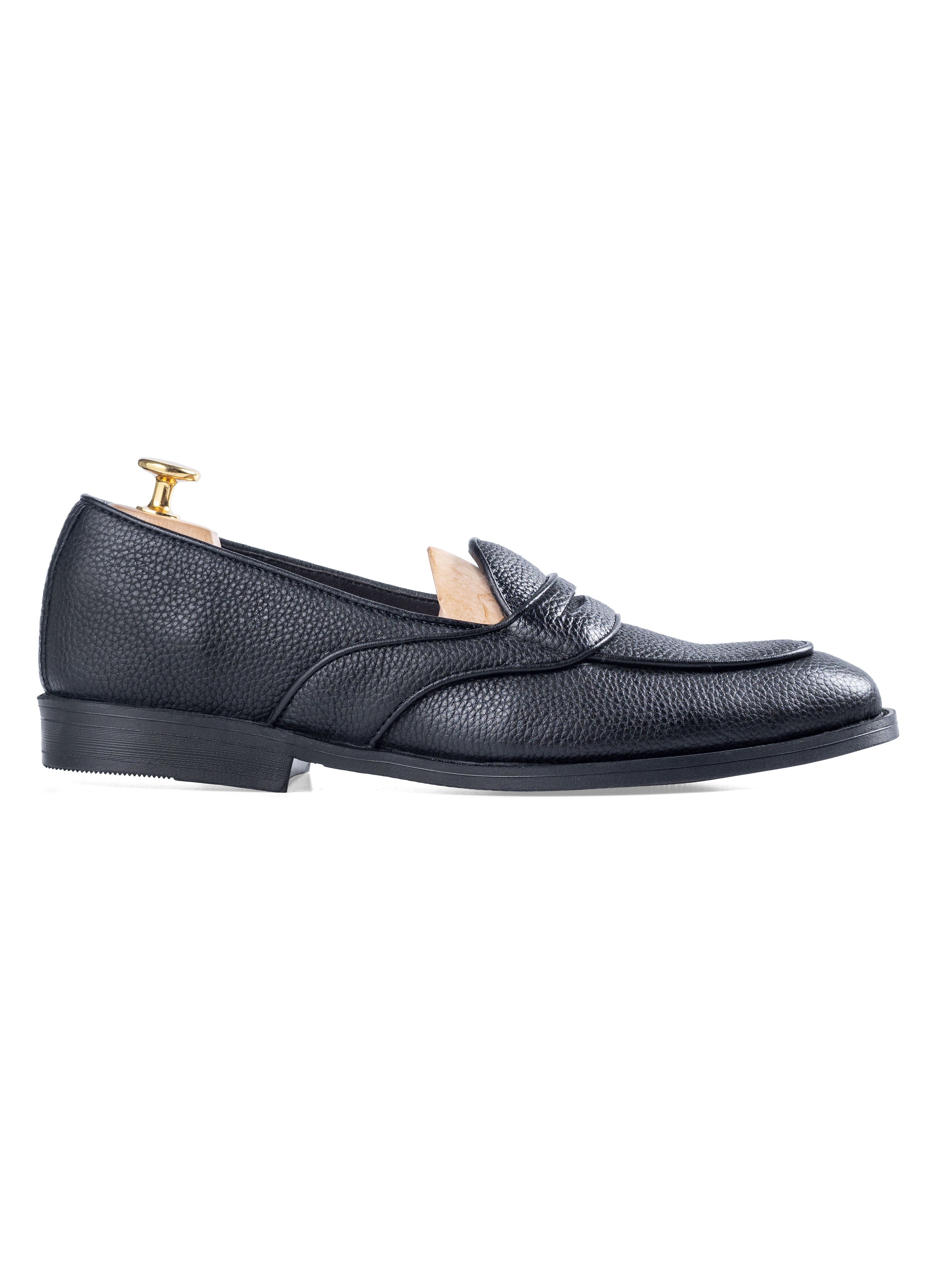 Belgian Loafer with Penny - Black Pebble Grain Leather (Flexi-Sole) - Zeve Shoes