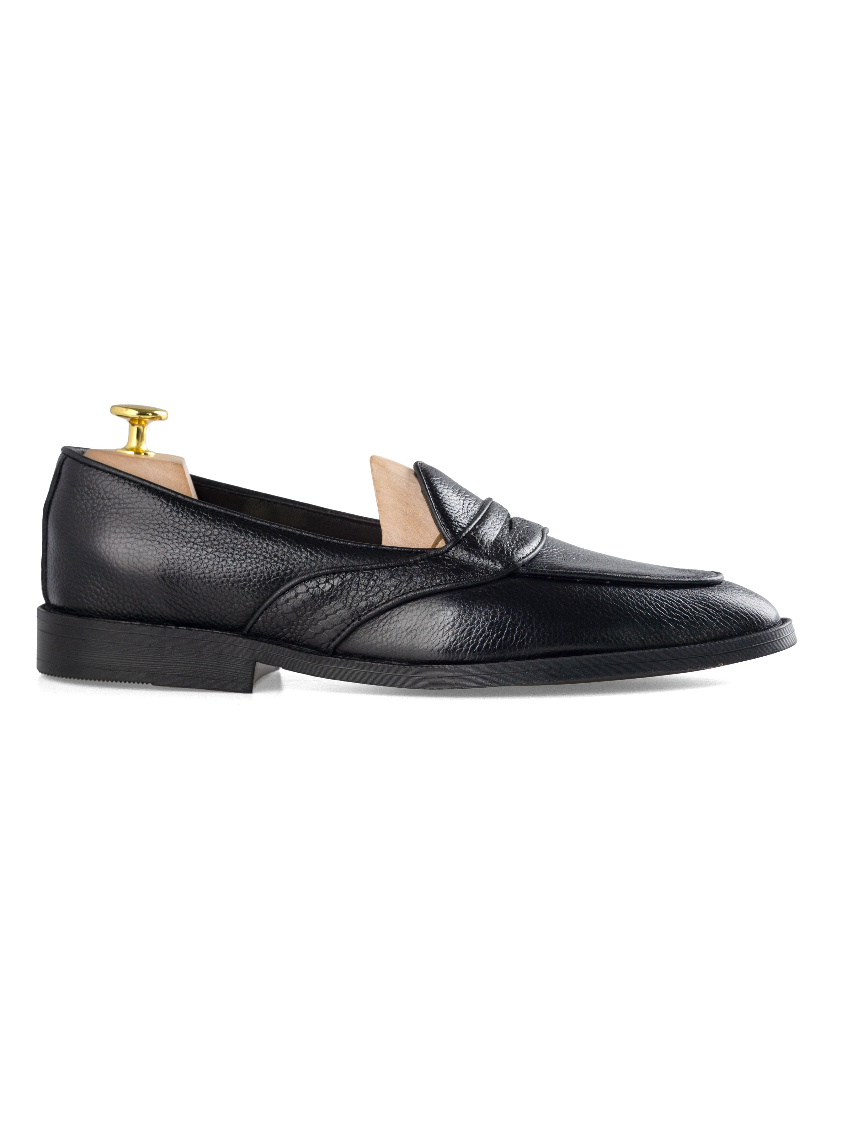 Belgian Loafer with Penny - Black Pebble Grain Leather (Phyton Embossed Strap)