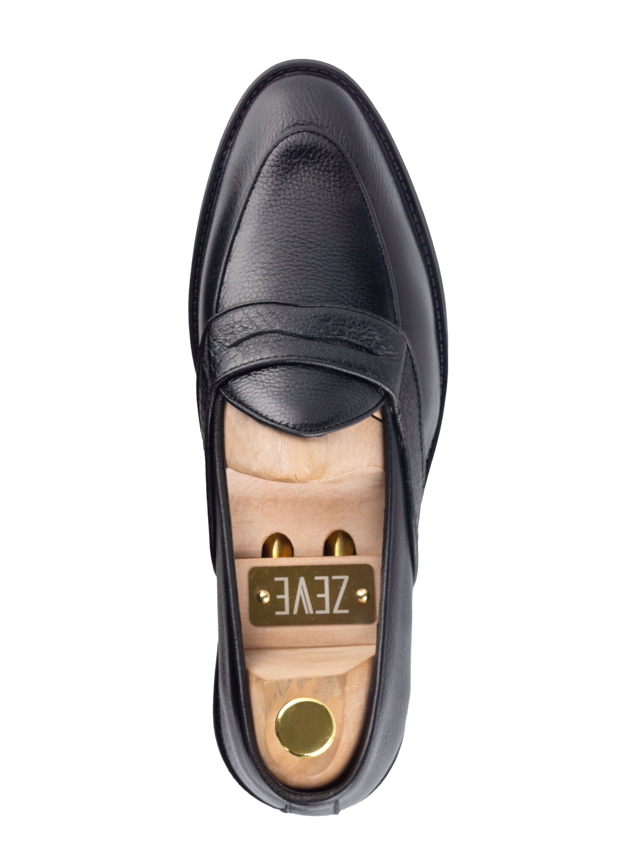 Belgian Loafer with Penny - Black Pebble Grain Leather (Phyton Embossed Strap) - Zeve Shoes