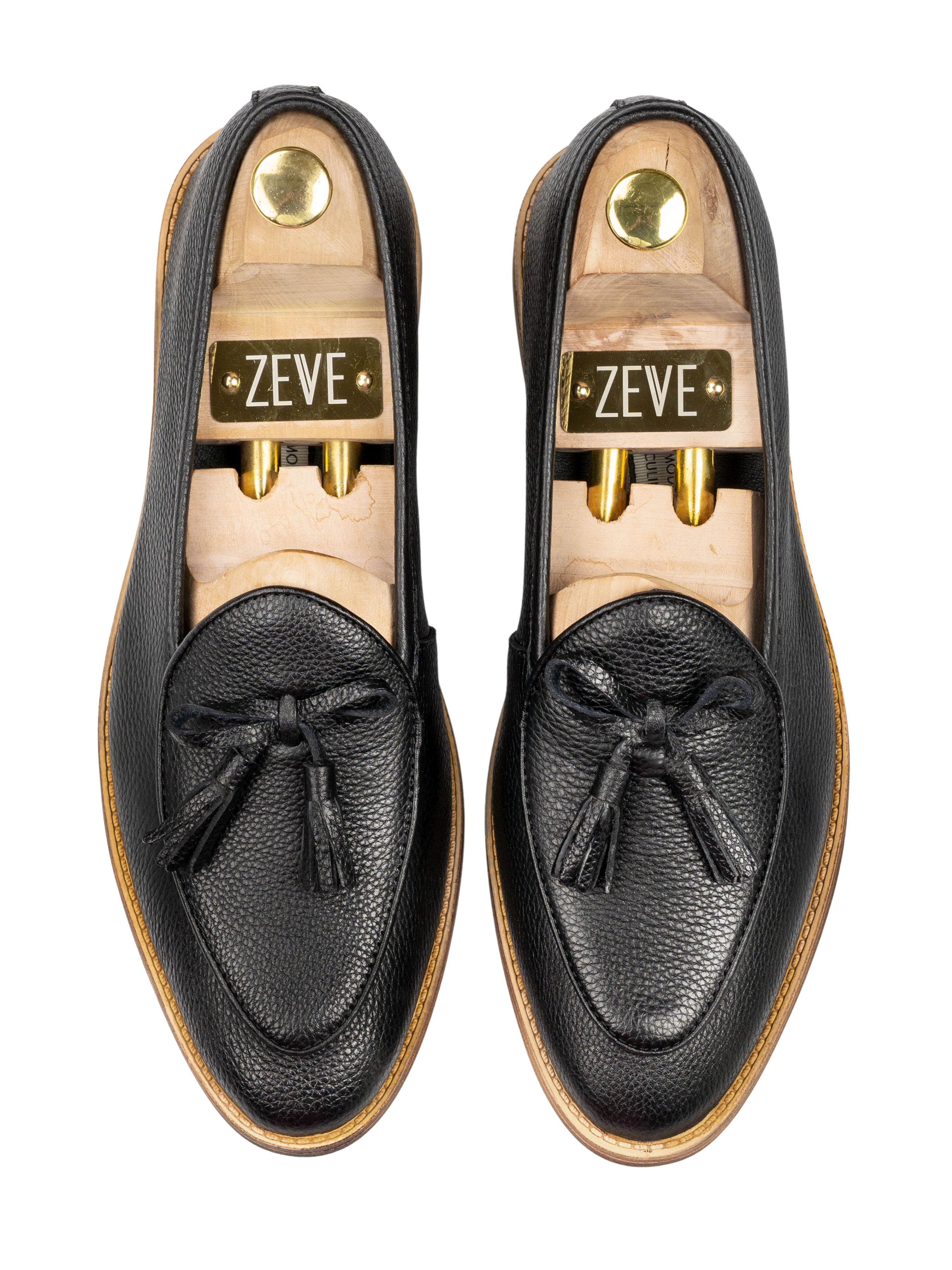 Belgian Loafer with Ribbon Tassel - Black Pebble Grain Leather (Flexi-Sole) - Zeve Shoes