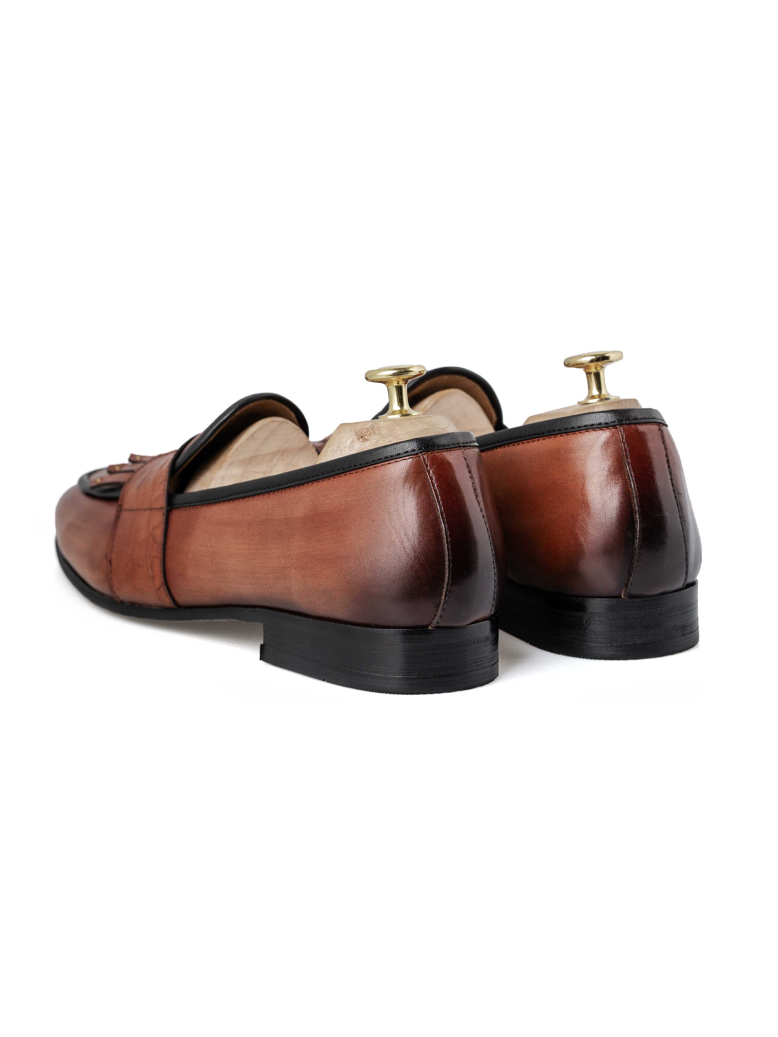 Belgian Loafer - Cognac Tan Phyton Penny Strap with Studded Fringe (Hand Painted Patina) - Zeve Shoes