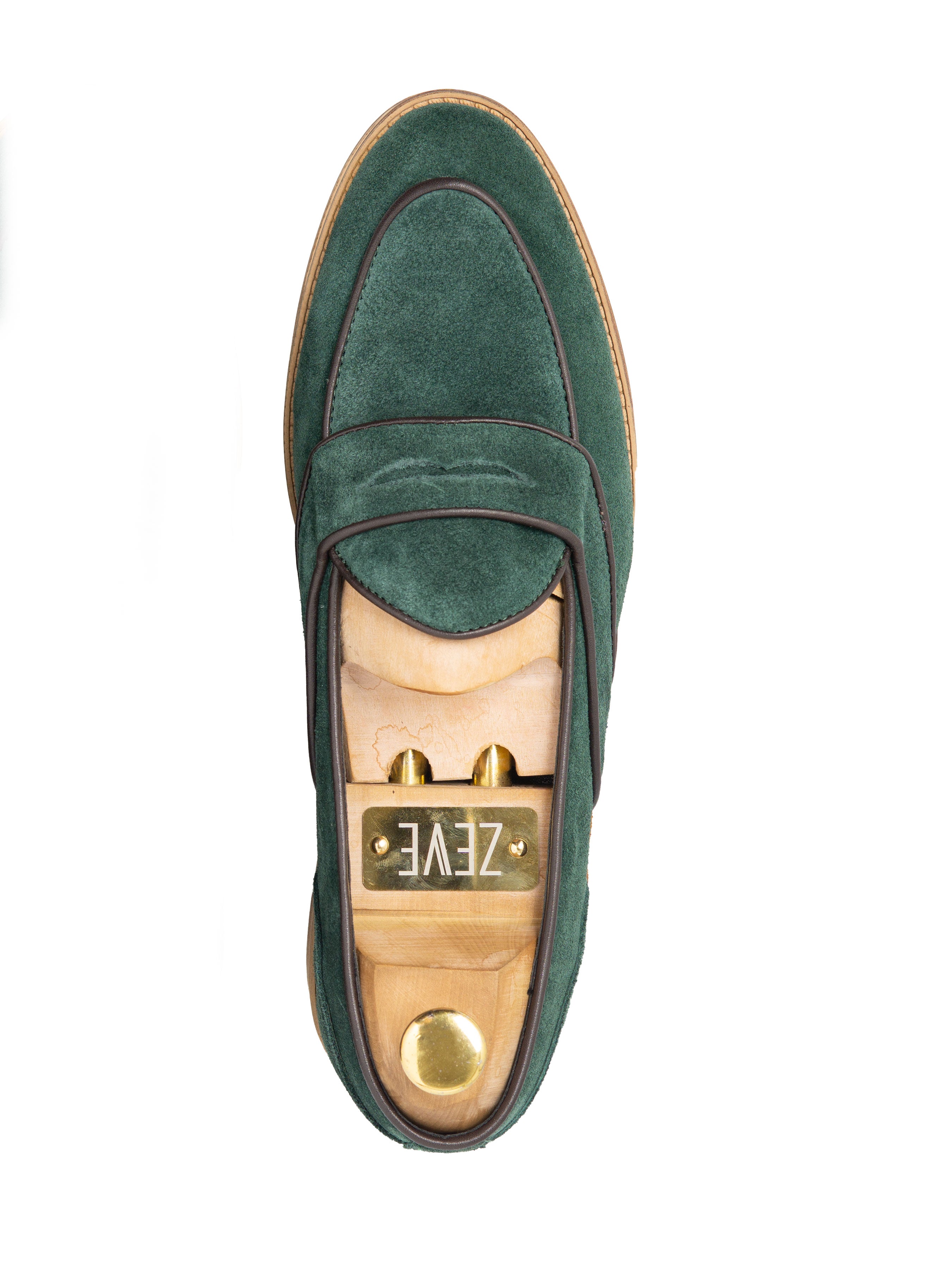 Belgian Loafer - Emerald Green Suede Leather With Penny Strap Piping (Flexi-Sole) - Zeve Shoes