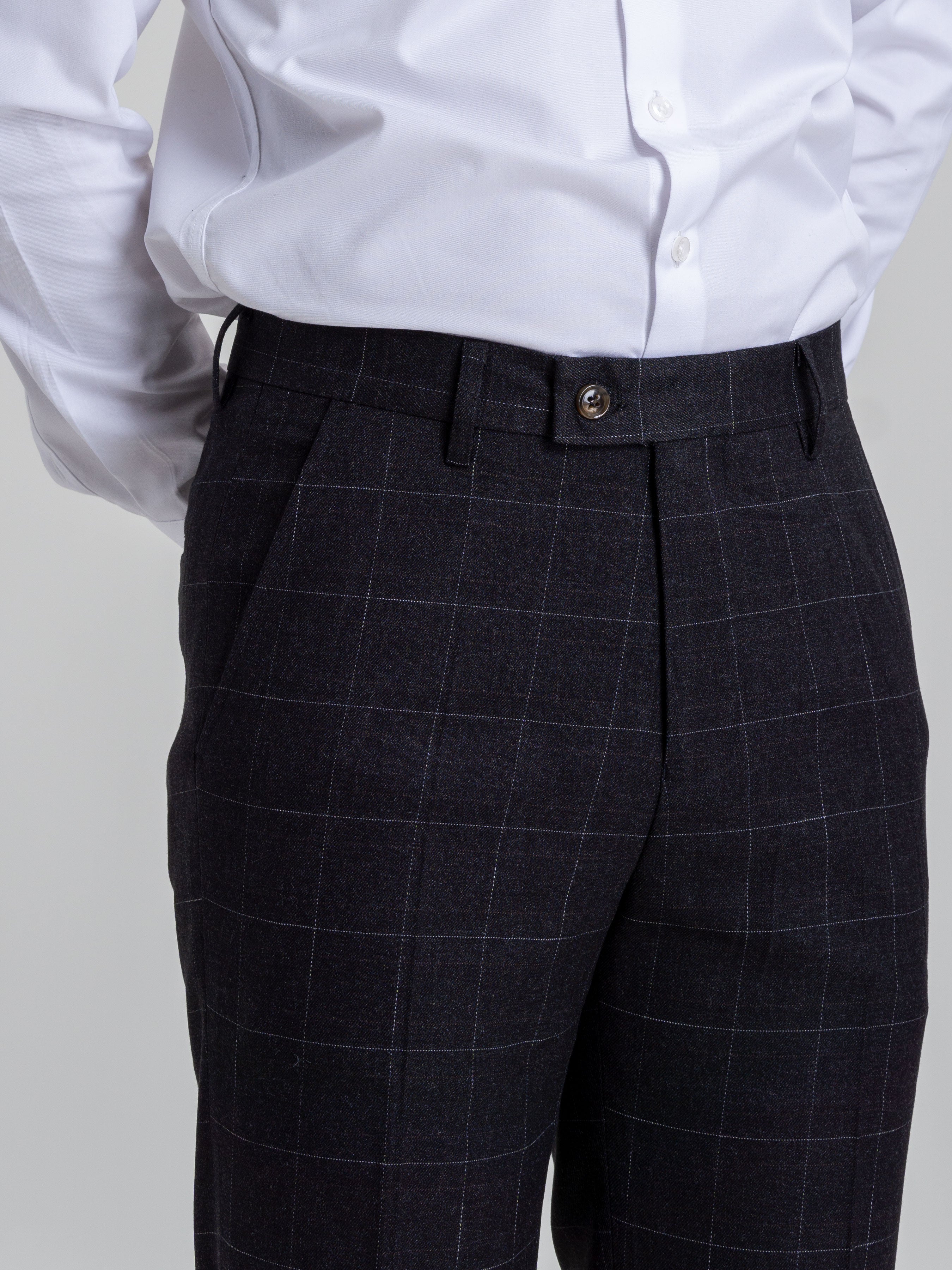 Trousers With Belt Loop -  Black Charcoal Windowpane Checkered (Stretchable) - Zeve Shoes
