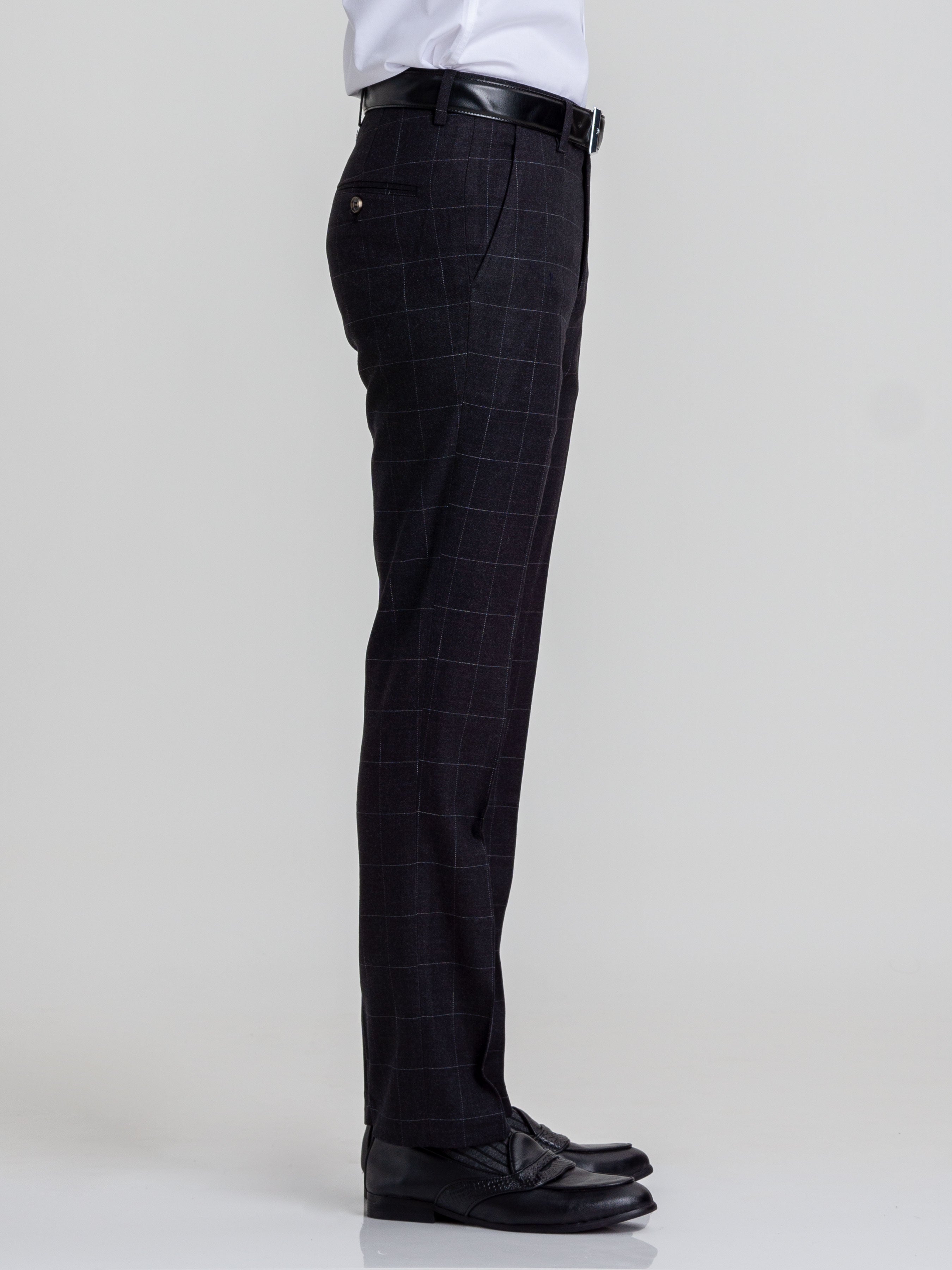 Trousers With Belt Loop -  Black Charcoal Windowpane Checkered (Stretchable) - Zeve Shoes