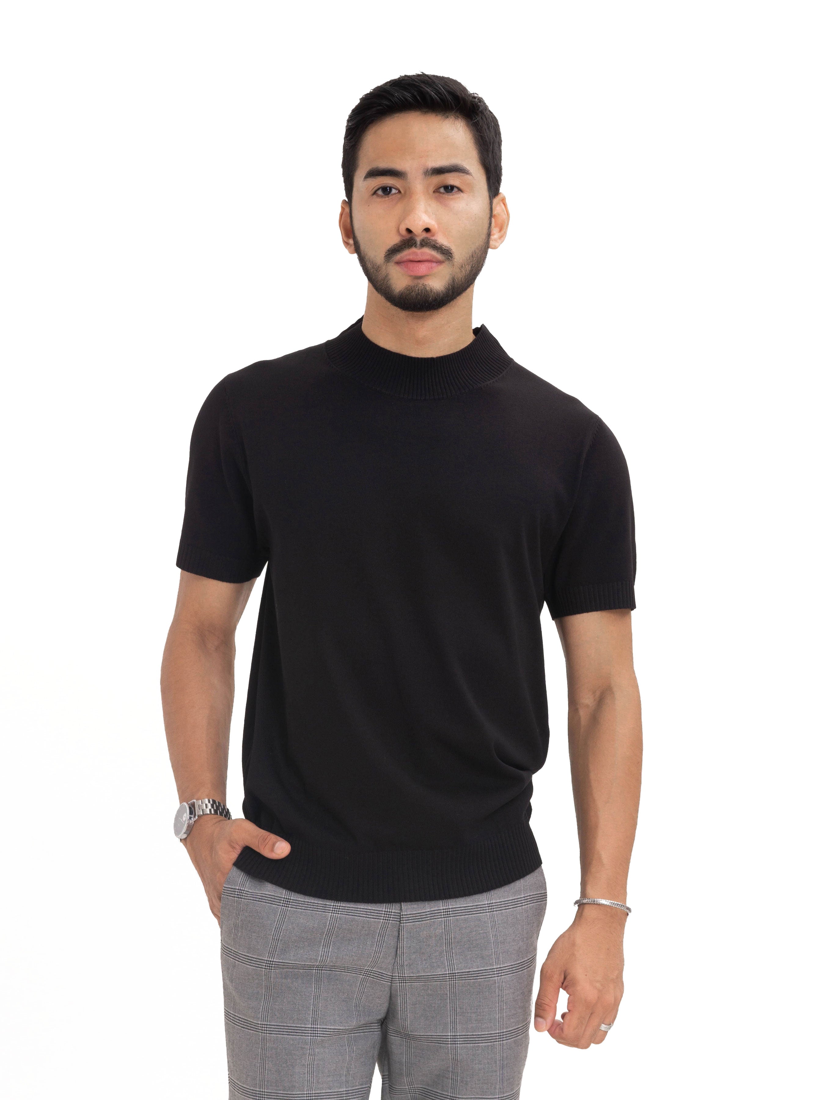 Knit Crew Neck Tee - Black Ribbed Collar - Zeve Shoes