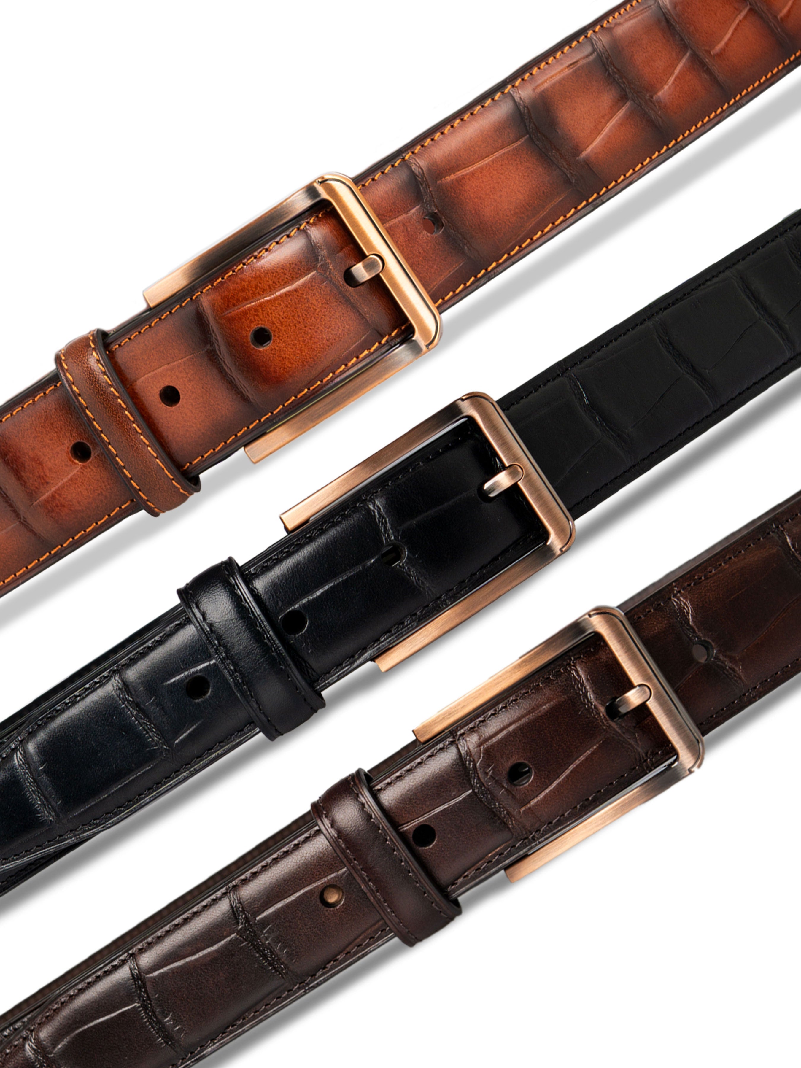 Croco Leather Belt with Copper-toned Buckle - Zeve Shoes