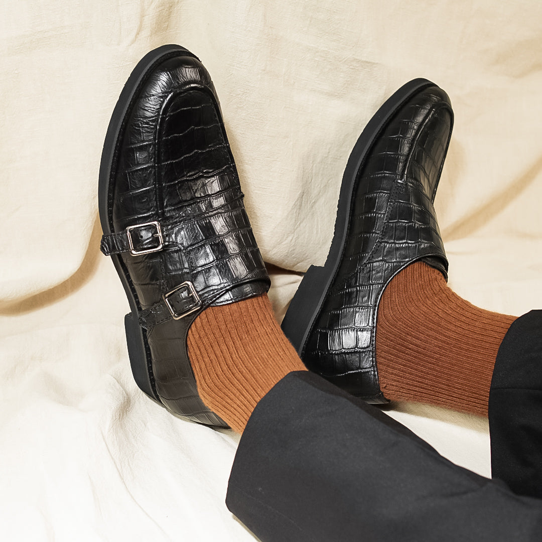 Double Monk Strap - Black Croco Leather (Crepe Sole) - Zeve Shoes