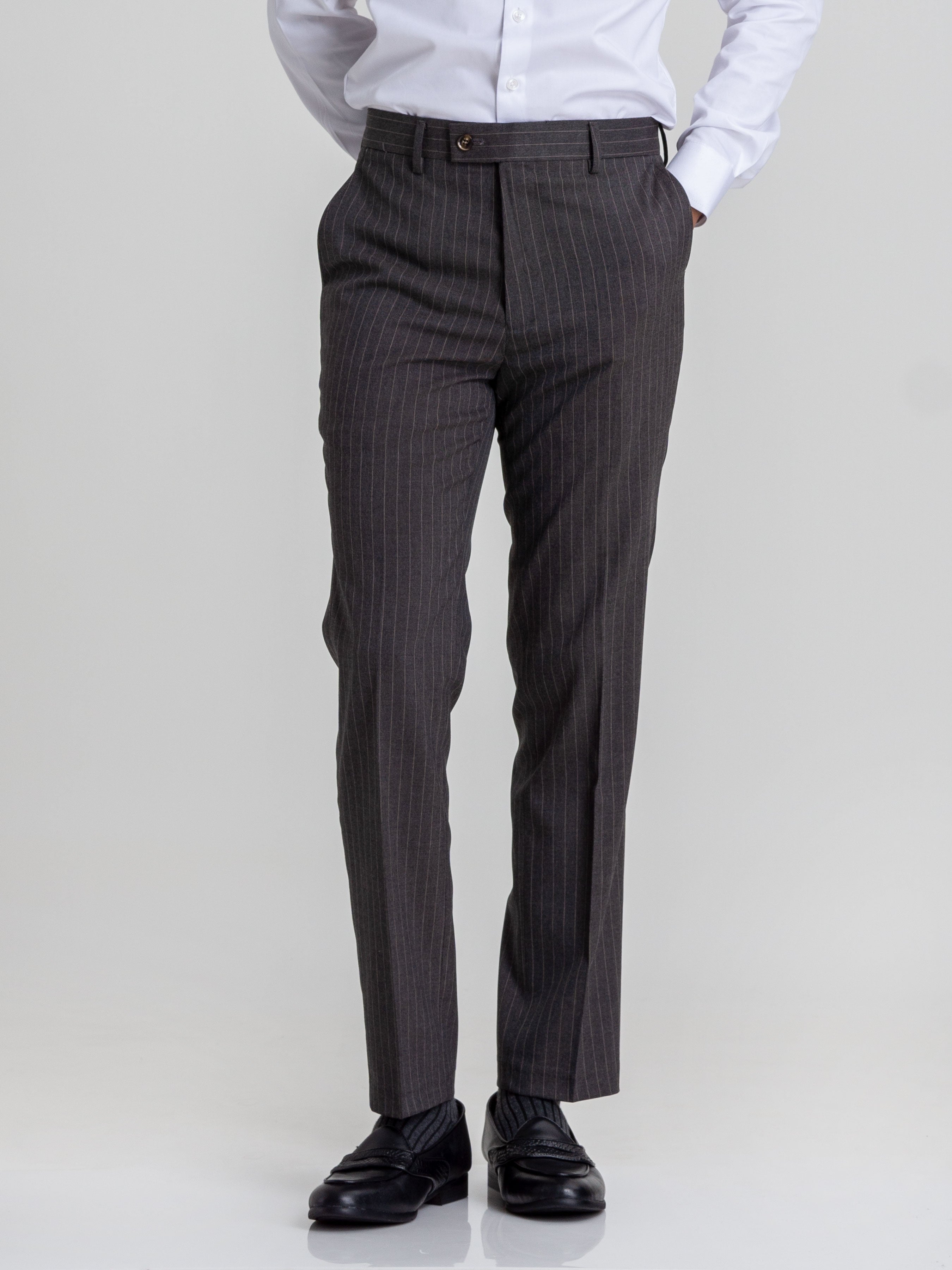 Trousers With Belt Loop - Dark Grey With Brown Stripes (Stretchable) - Zeve Shoes