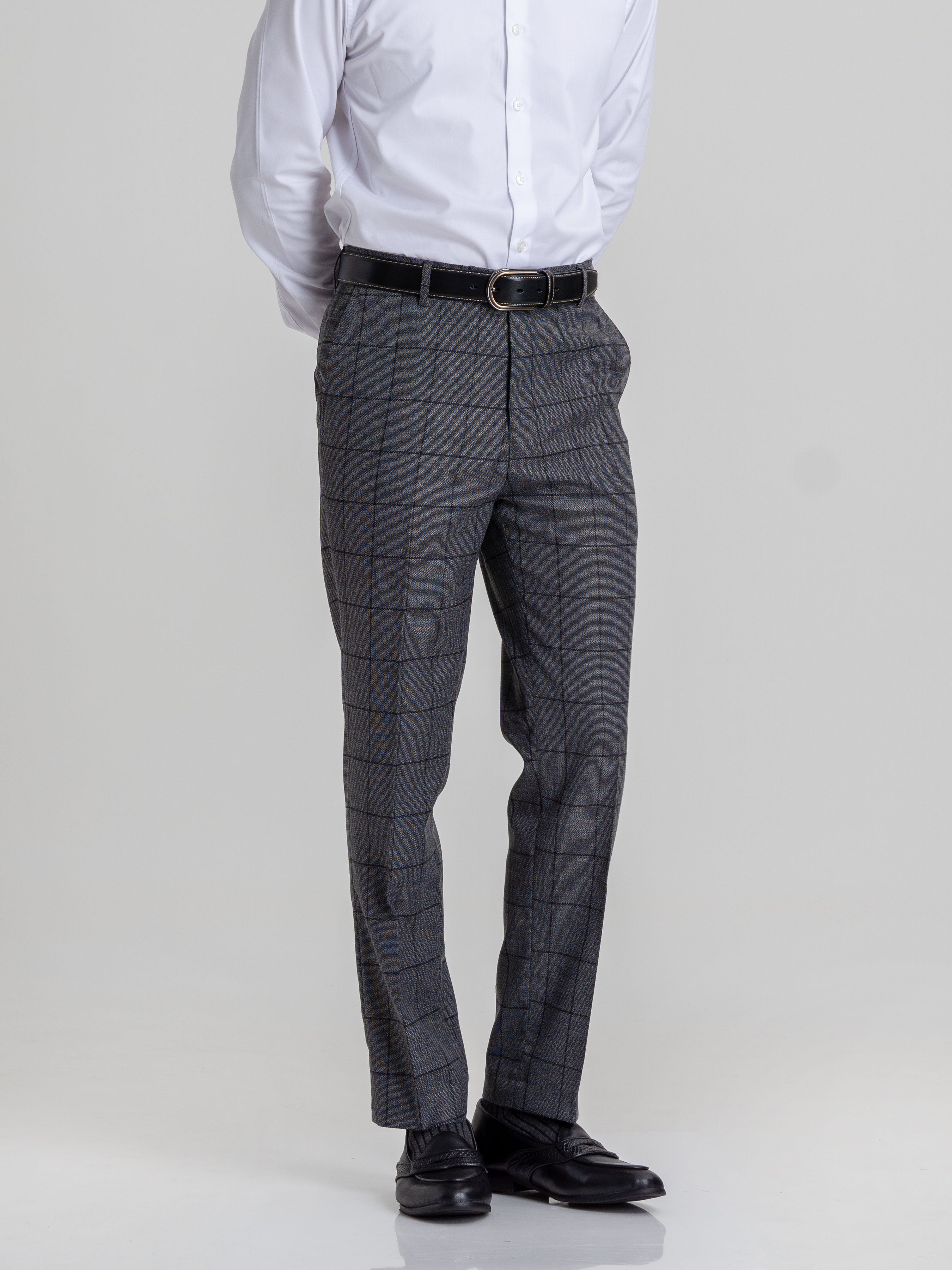Trousers With Belt Loop - Dark Grey with Black Line Windowpane Checkered (Stretchable) - Zeve Shoes