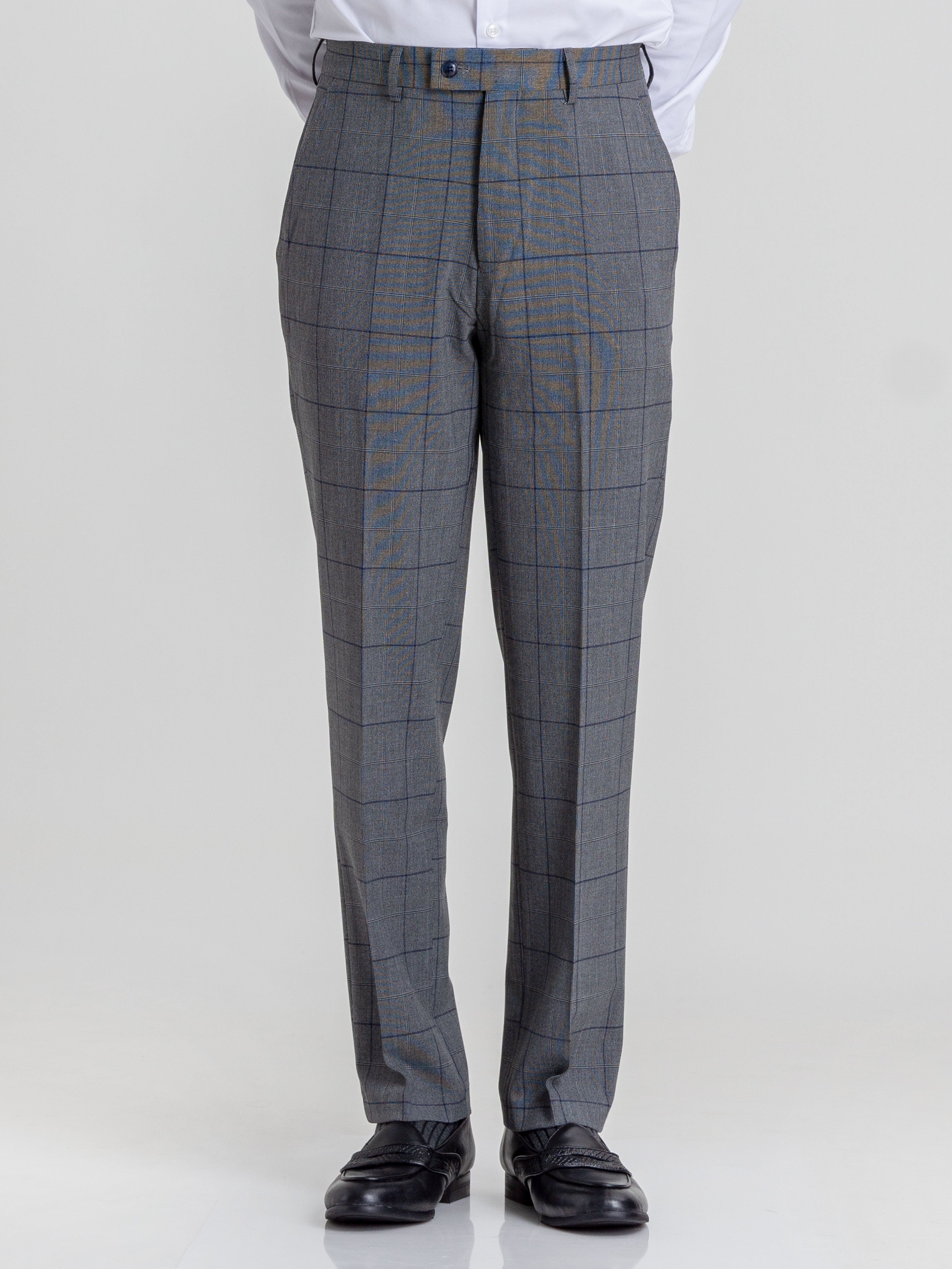 Trousers With Belt Loop - Dark Grey With Blue Line Windowpane Checkered (Stretchable) - Zeve Shoes
