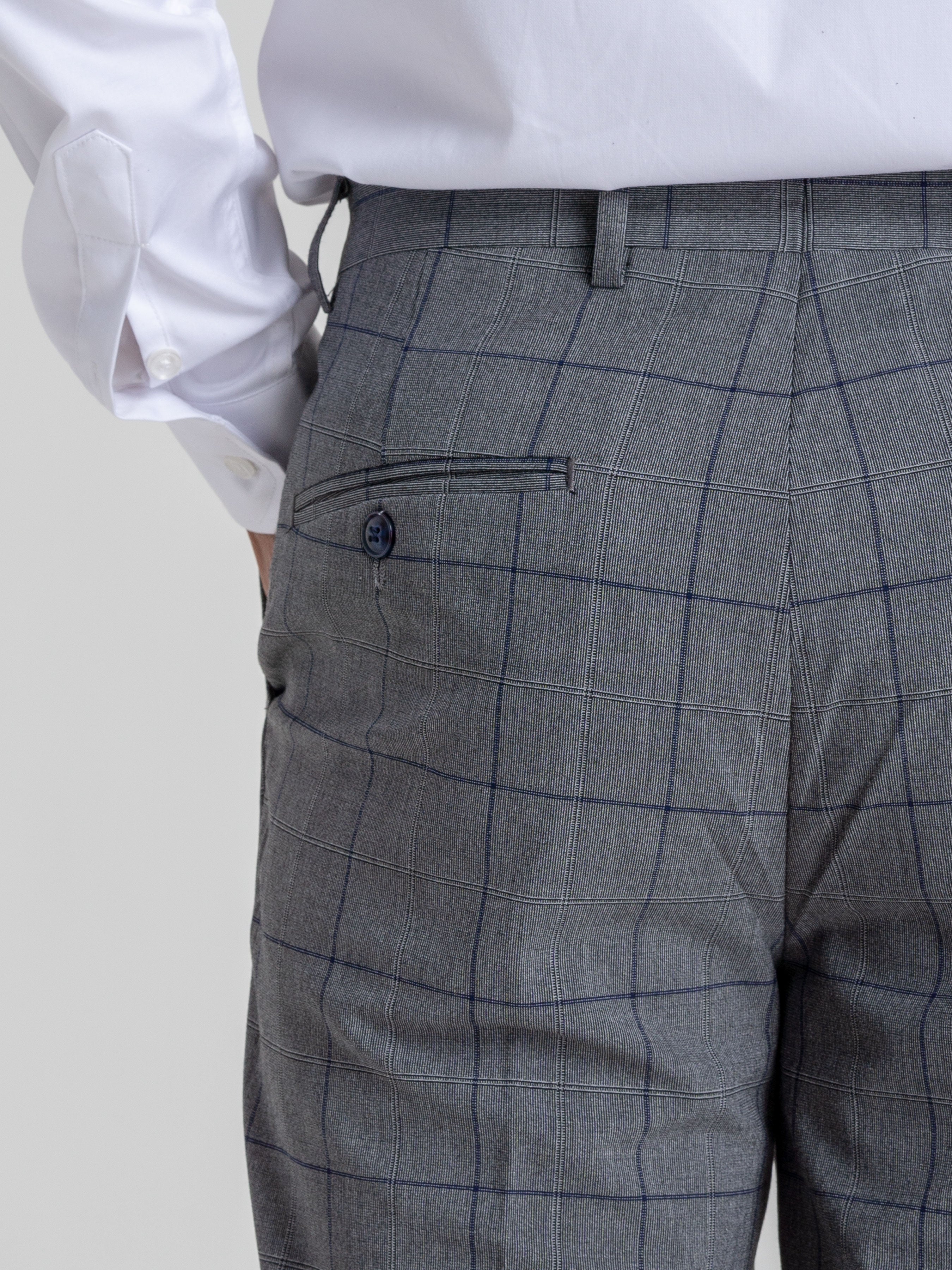 Trousers With Belt Loop - Dark Grey With Blue Line Windowpane Checkered (Stretchable) - Zeve Shoes