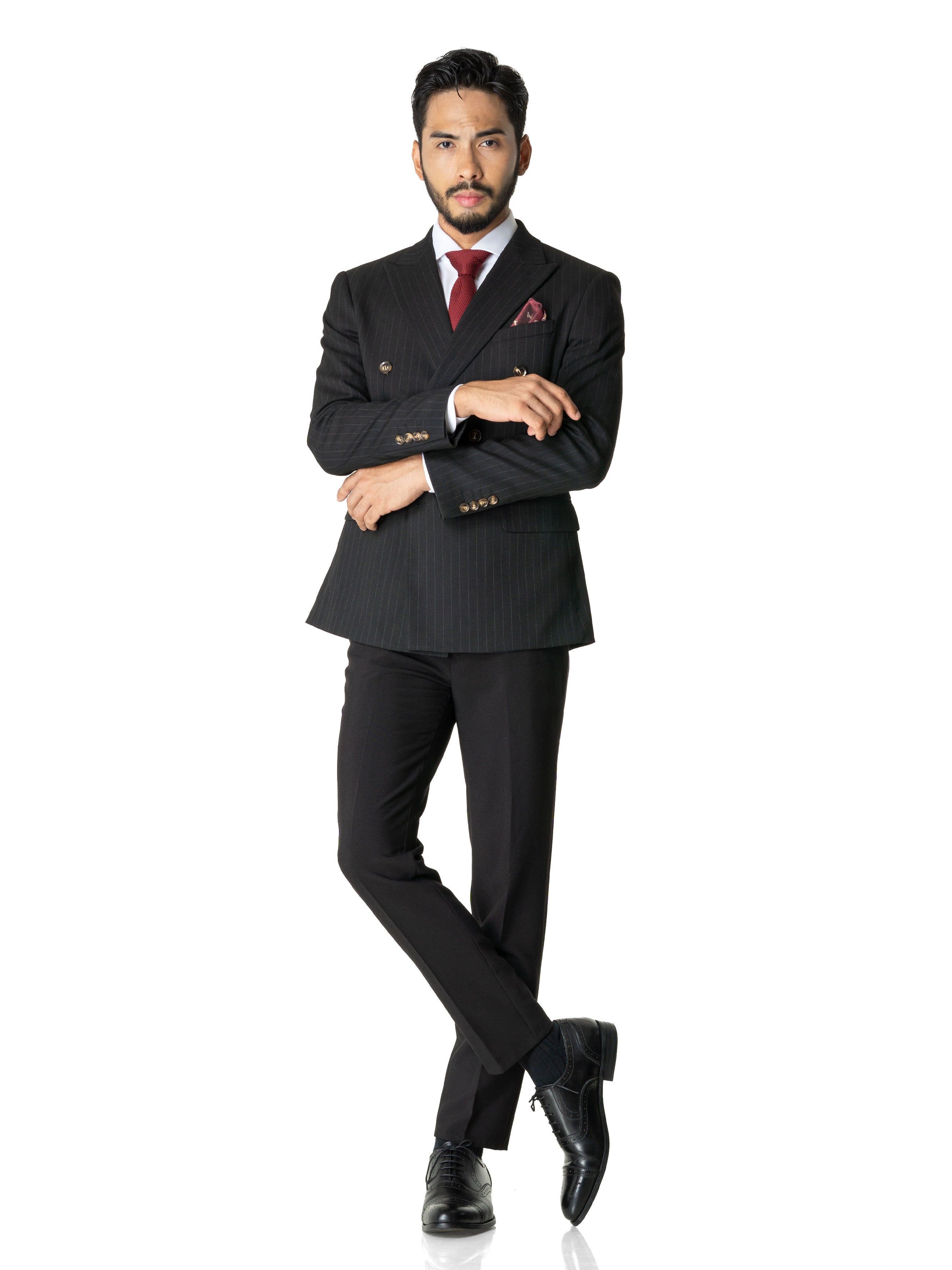 Double Breasted Suit Blazer - Black Stripes (Peak Lapel) - Zeve Shoes