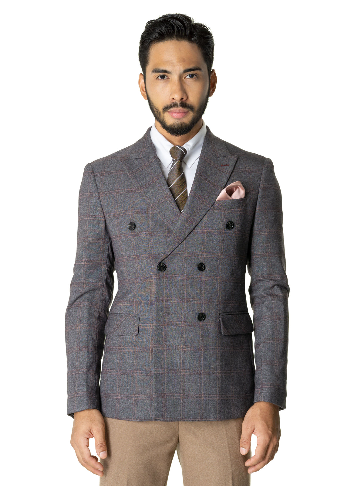 Double Breasted Suit Blazer - Dark Grey Checkered (Peak Lapel) | Zeve Shoes