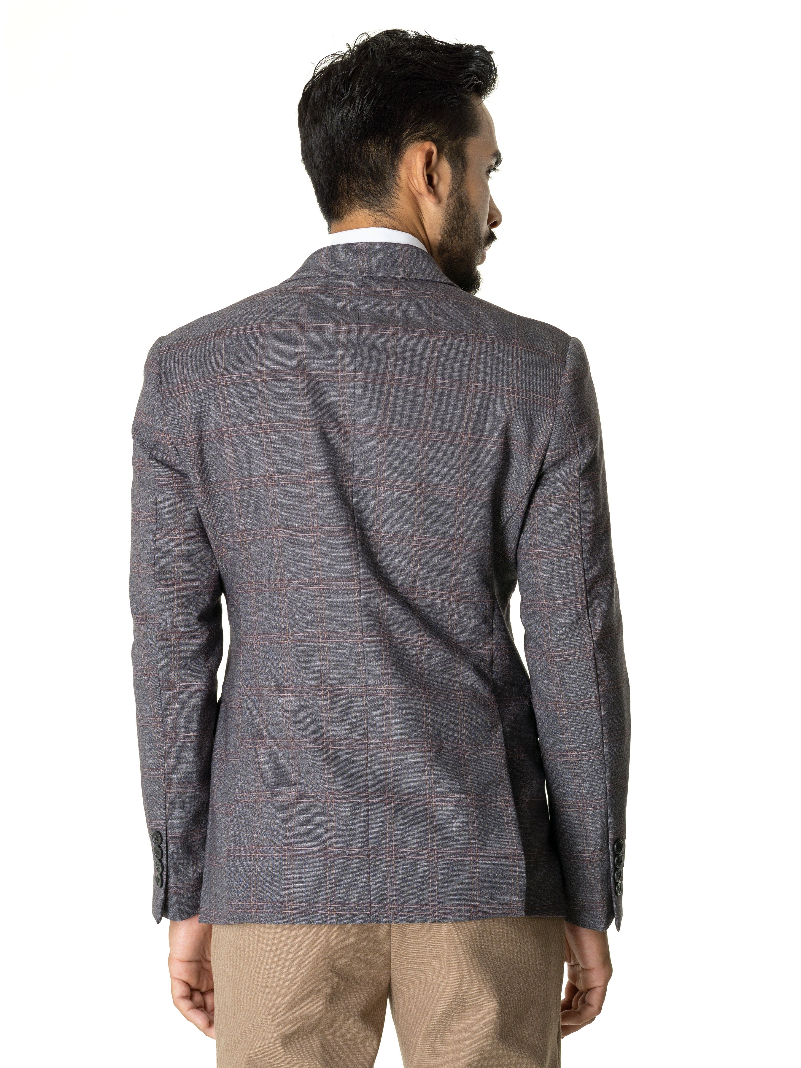 Double Breasted Suit Blazer - Dark Grey With Brown Checkered (Peak Lapel) - Zeve Shoes