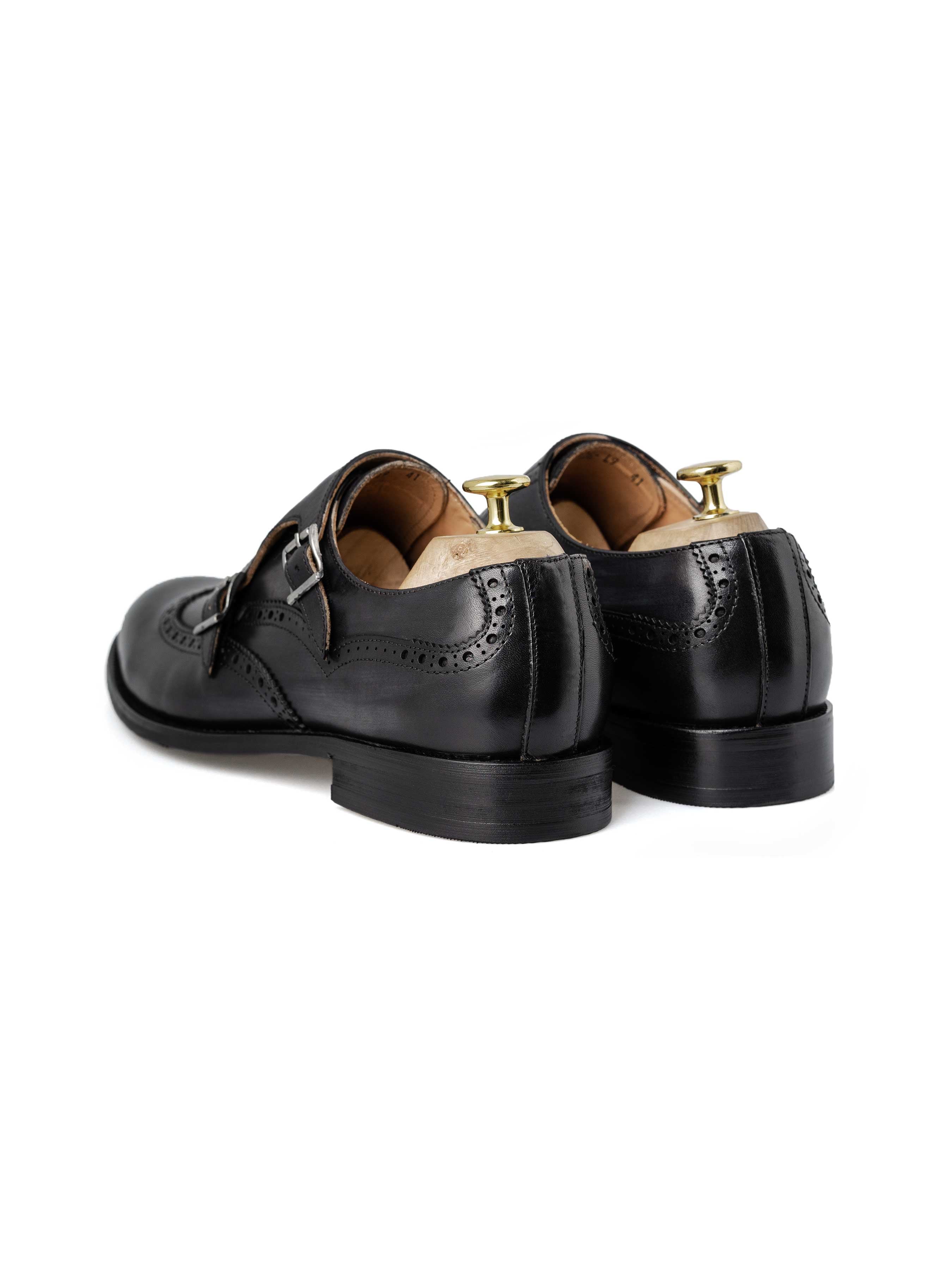 Double Monk Strap Brogue Wingtip - Black Grey (Hand Painted Patina) - Zeve Shoes