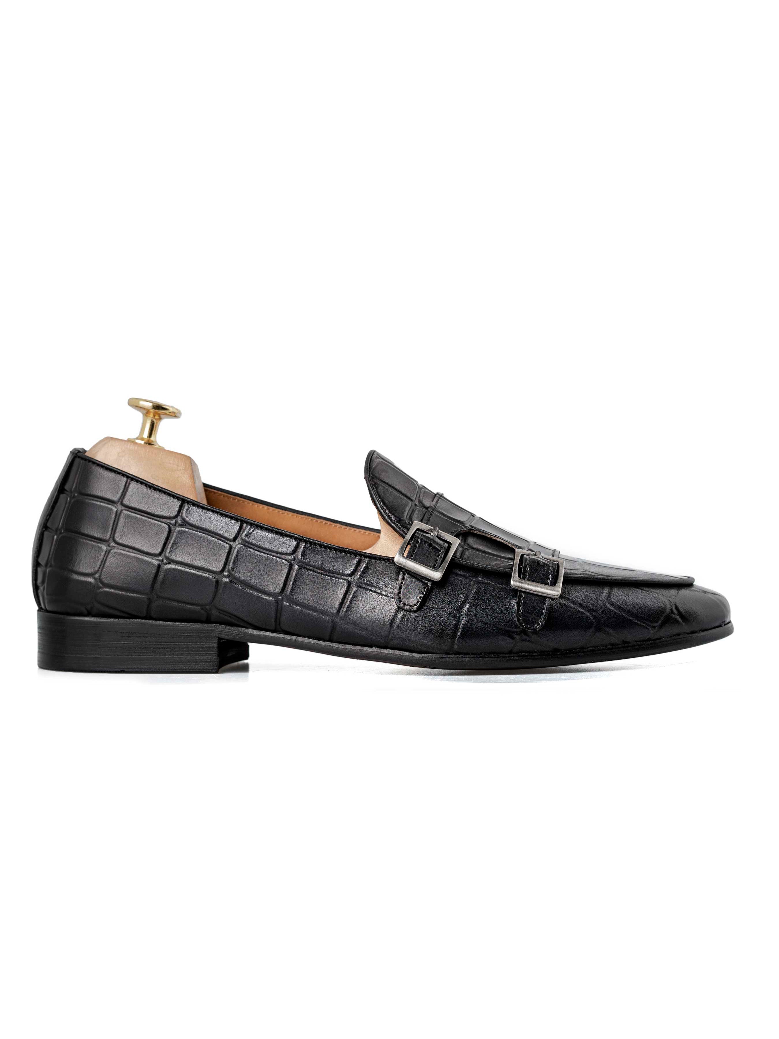 Belgian Loafer - Black Grey Croco Double Monk Strap (Hand Painted Patina)