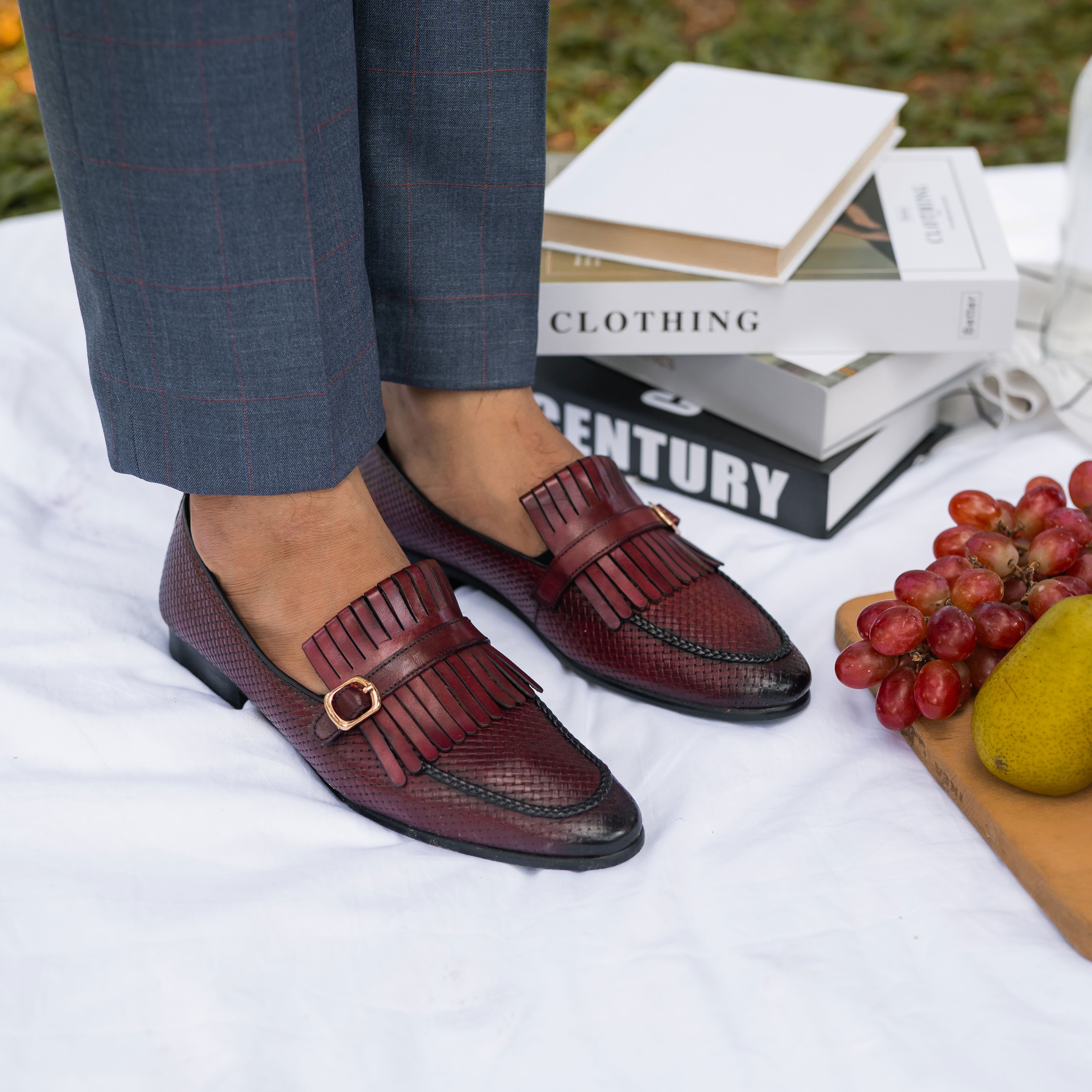 Fringe Kiltie Loafer - Red Burgundy Woven Leather with Side Buckle (Hand Painted Patina) - Zeve Shoes