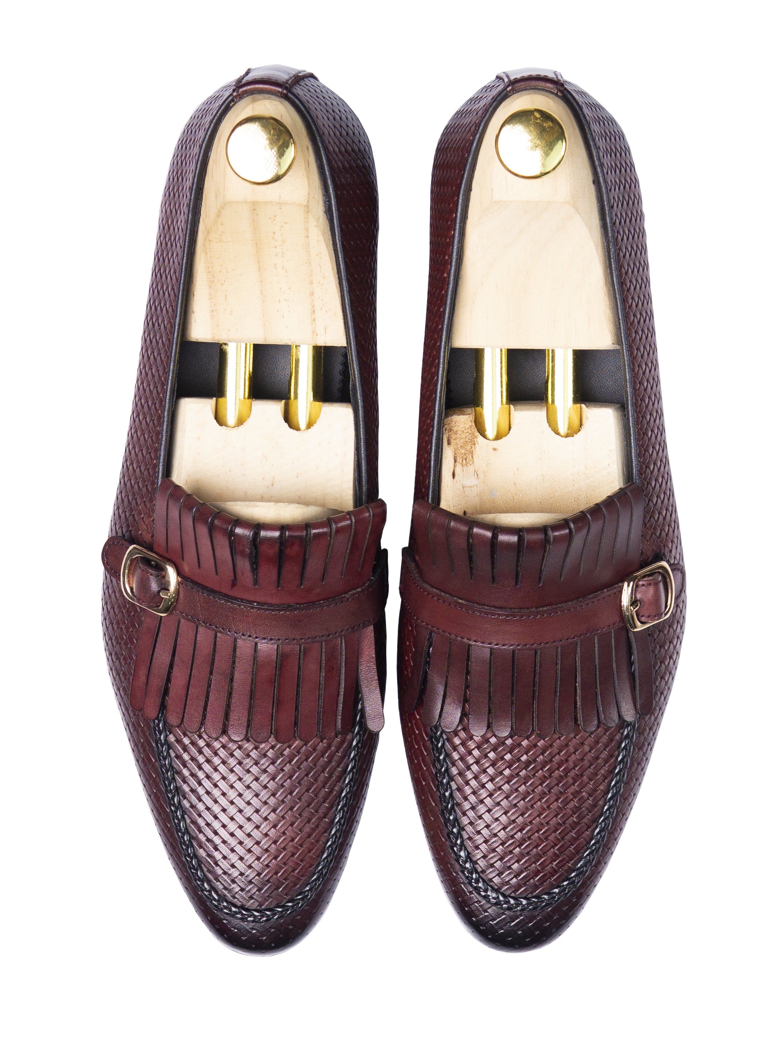 Fringe Kiltie Loafer - Red Burgundy Woven Leather with Side Buckle (Hand Painted Patina) - Zeve Shoes