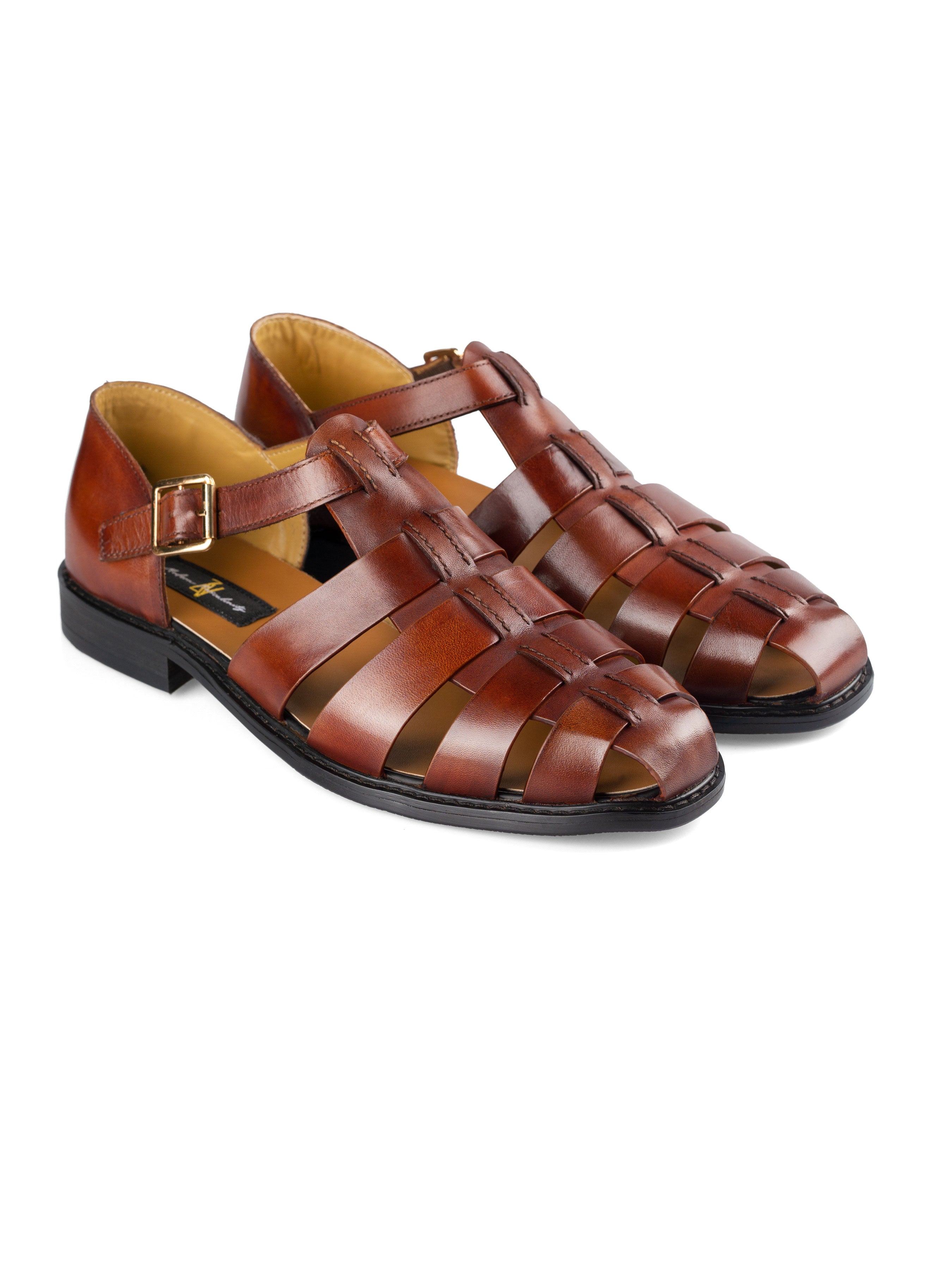 Fisherman Cage Sandal - Cognac Tan (Hand Painted Patina) - Zeve Shoes