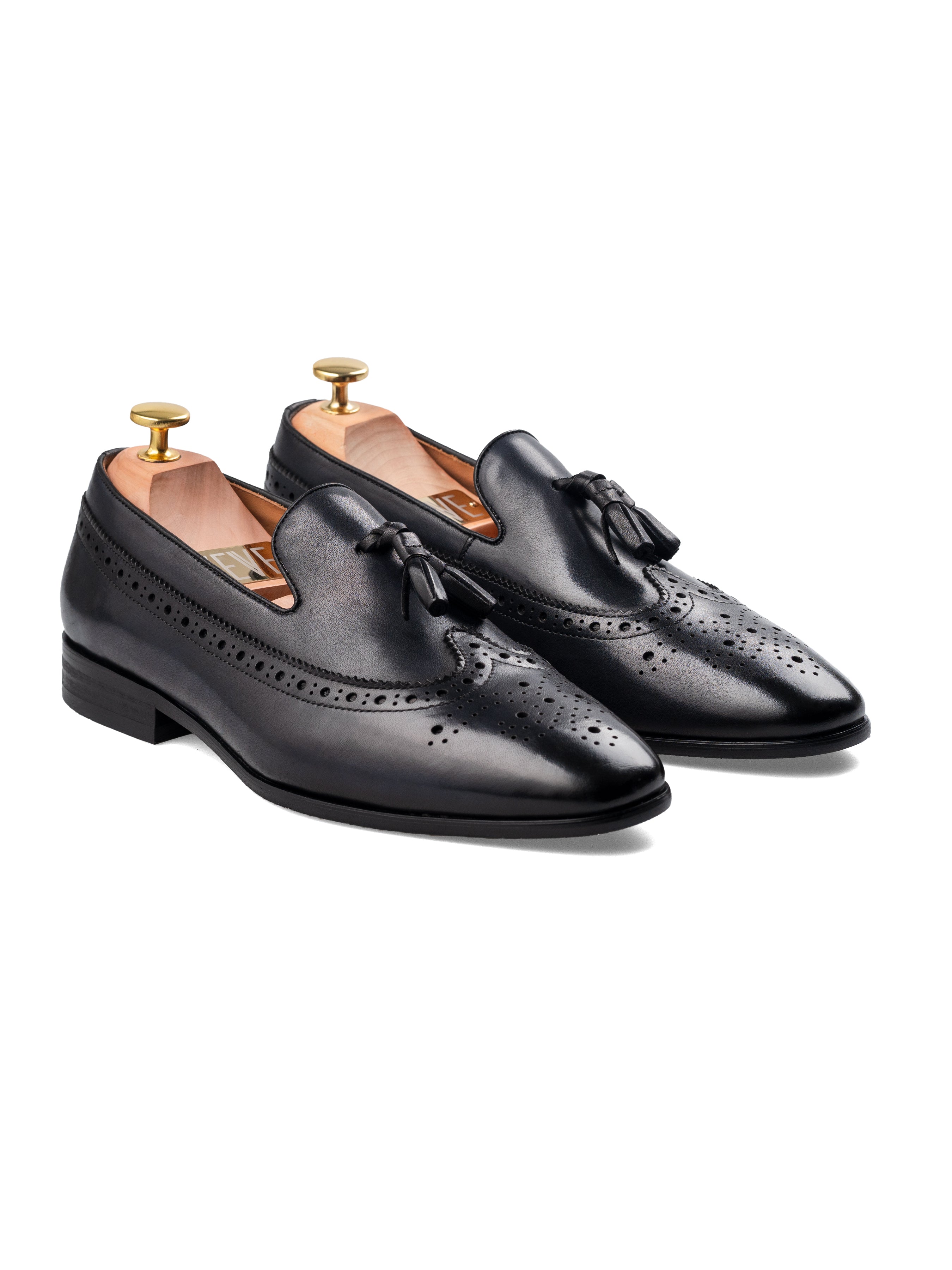 Loafer Slipper Longwing Brogue - Black Grey with Tassel (Hand Painted Patina)