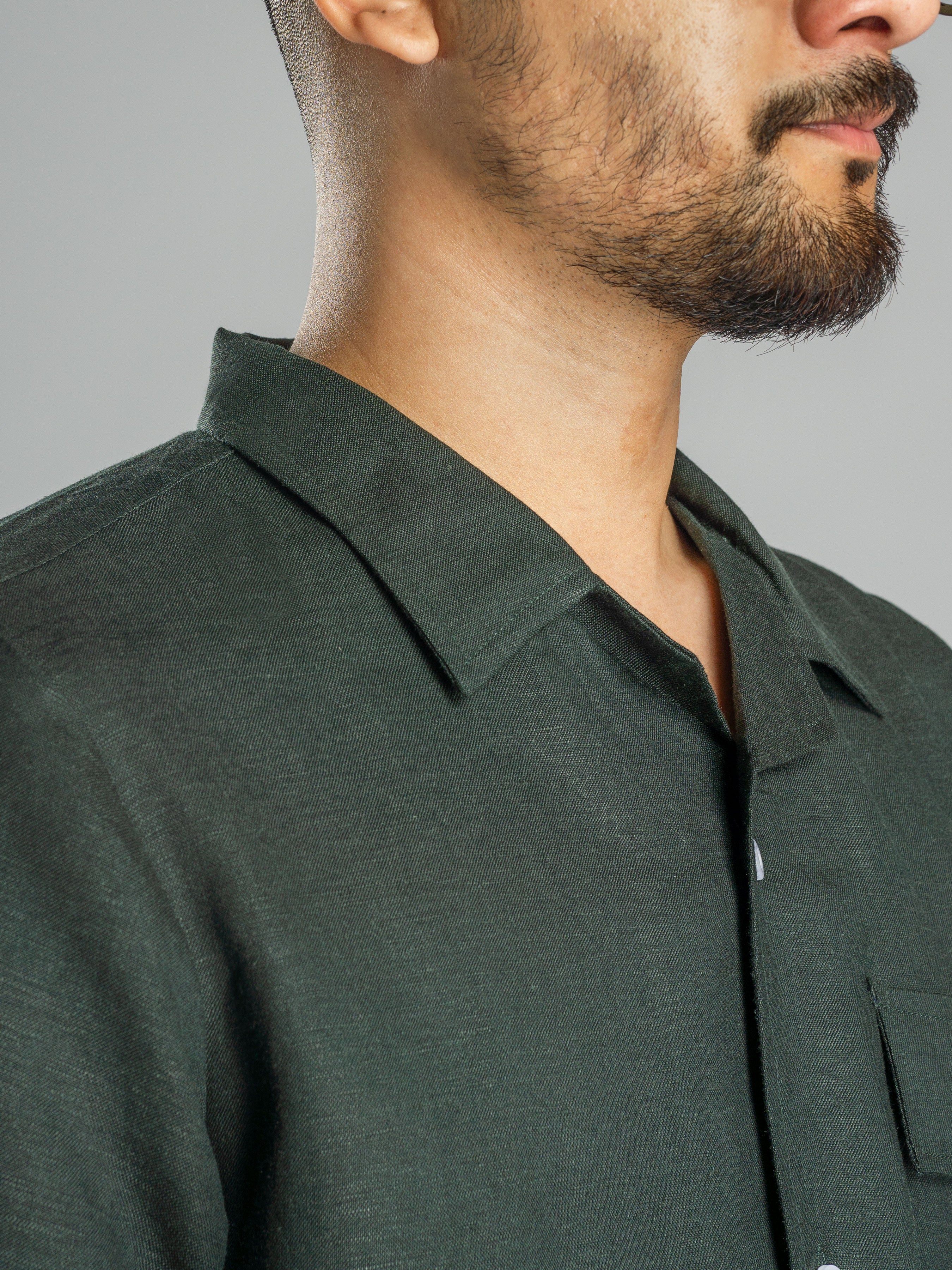 Linen Cuban Collar Shirt - Dark Green - Zeve Shoes