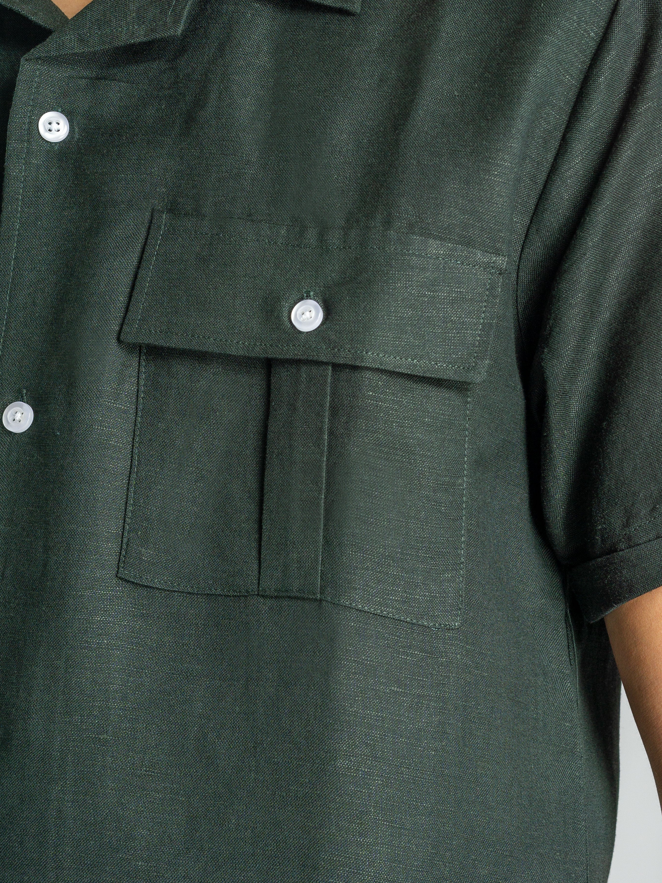 Linen Cuban Collar Shirt - Dark Green - Zeve Shoes