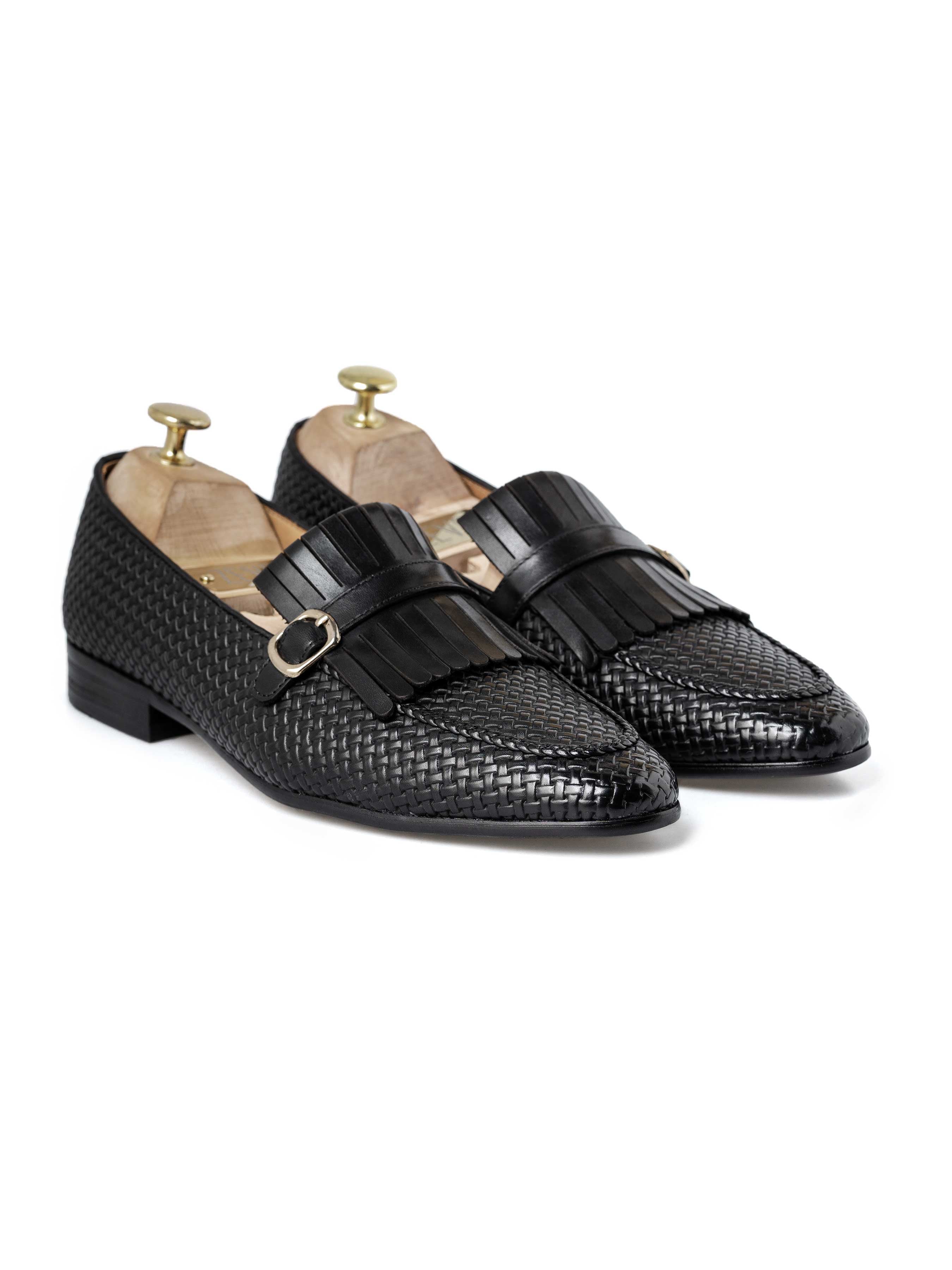 Fringe Kiltie Loafer - Black Woven Leather with Side Buckle (Hand Painted Patina) - Zeve Shoes