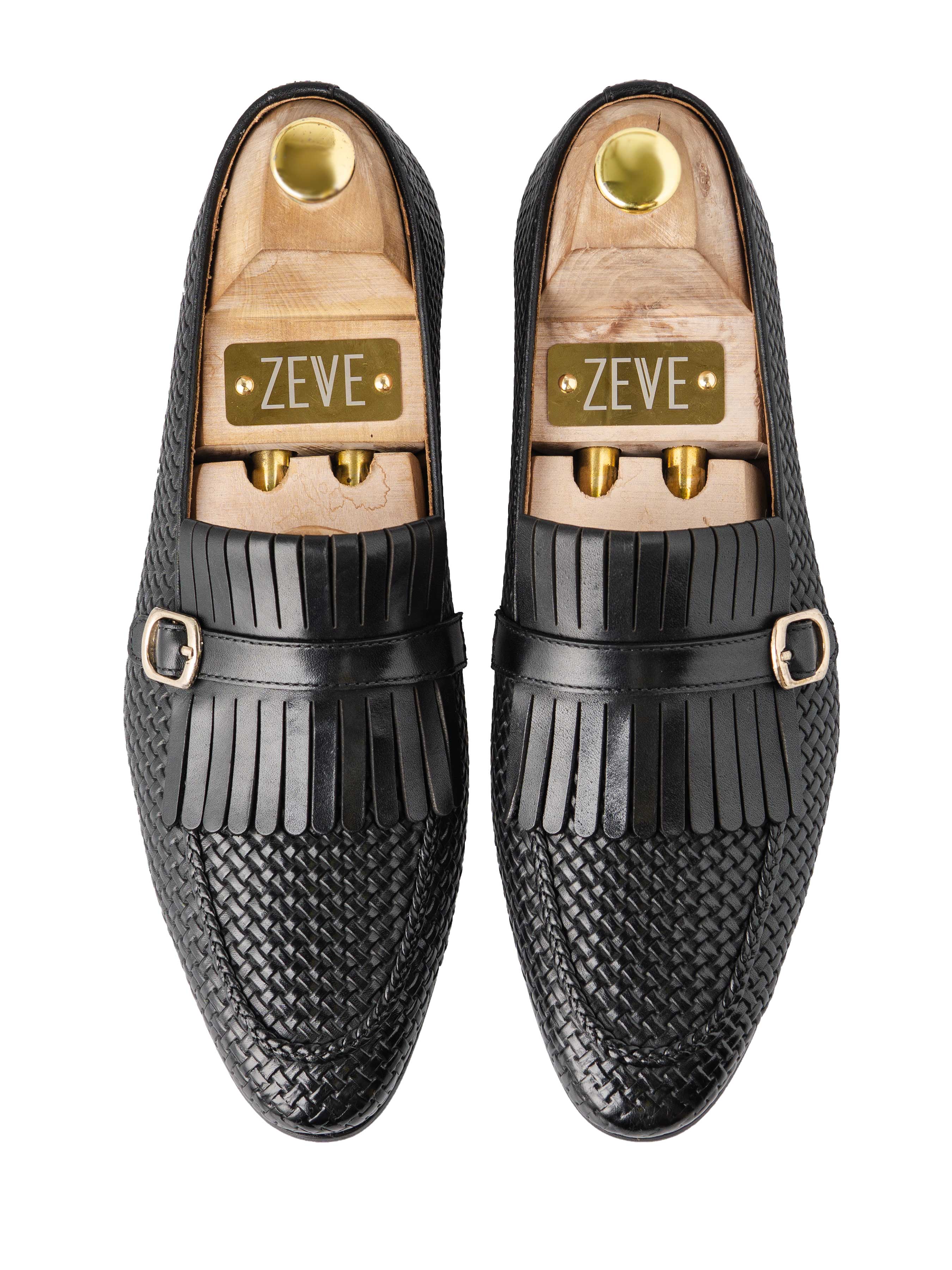Fringe Kiltie Loafer - Black Woven Leather with Side Buckle (Hand Painted Patina) - Zeve Shoes