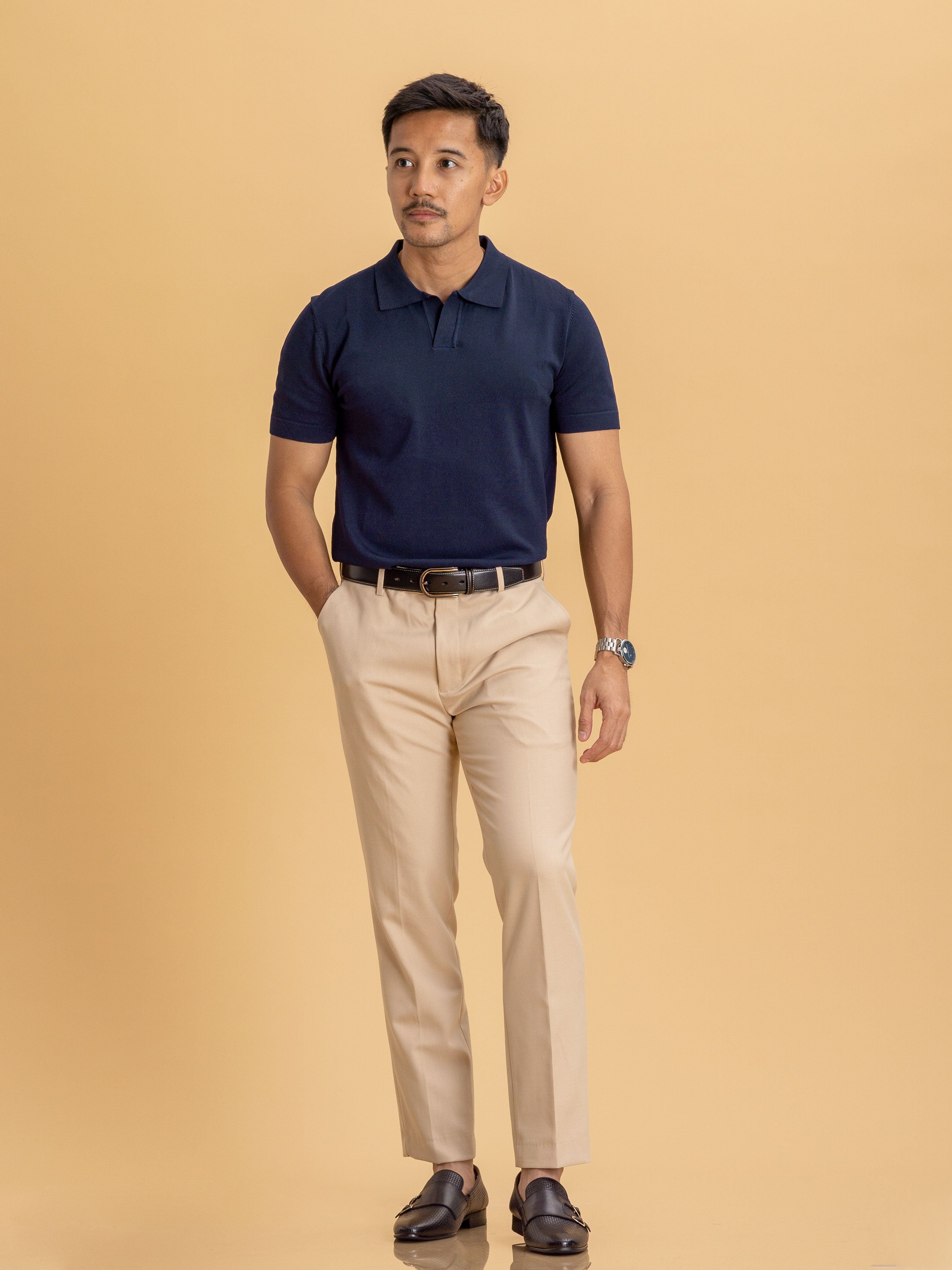 Knit Polo Tee - Navy Blue Open Collar - Zeve Shoes