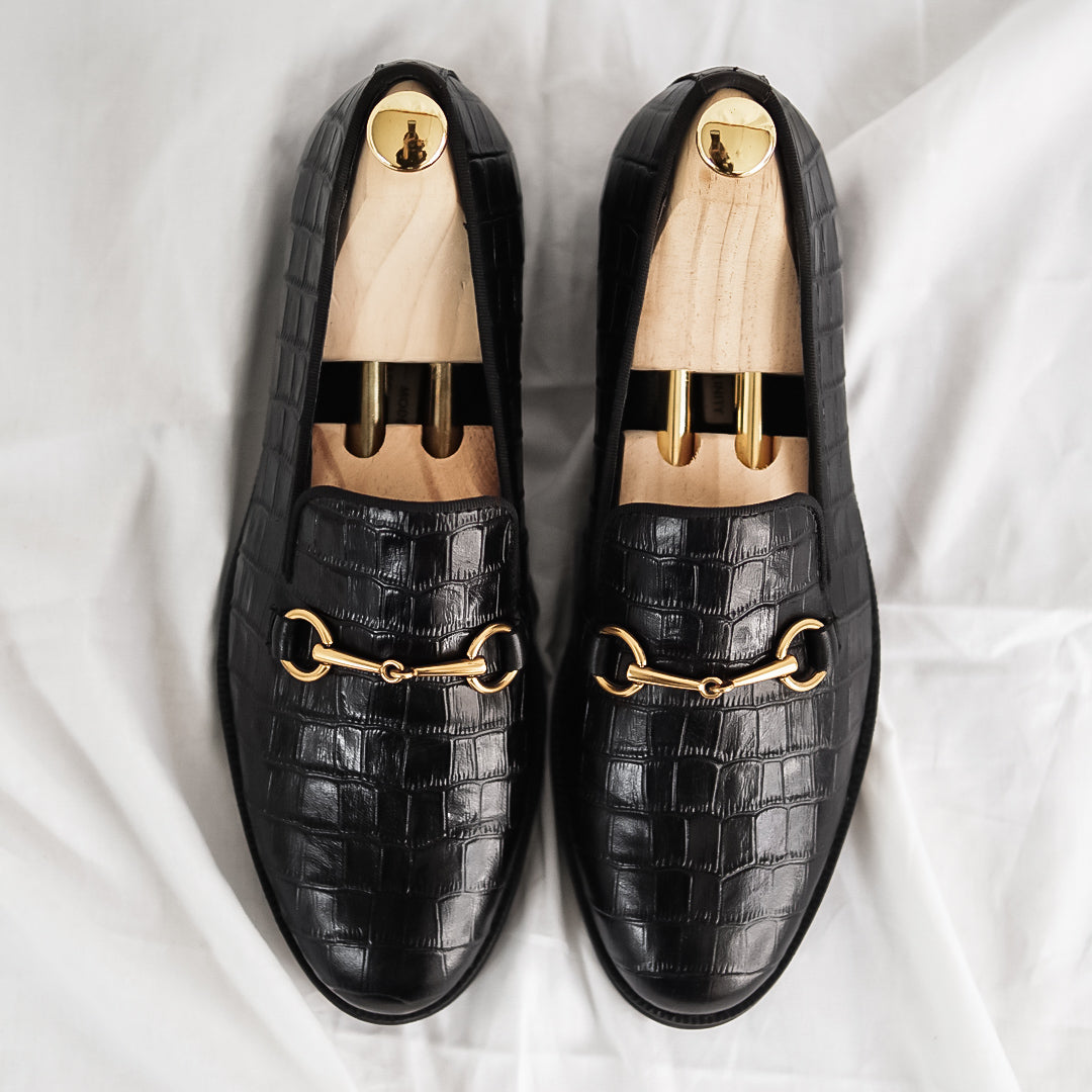 Loafer Slipper Horsebit Buckle - Black Croco Leather (Crepe Sole) - Zeve Shoes