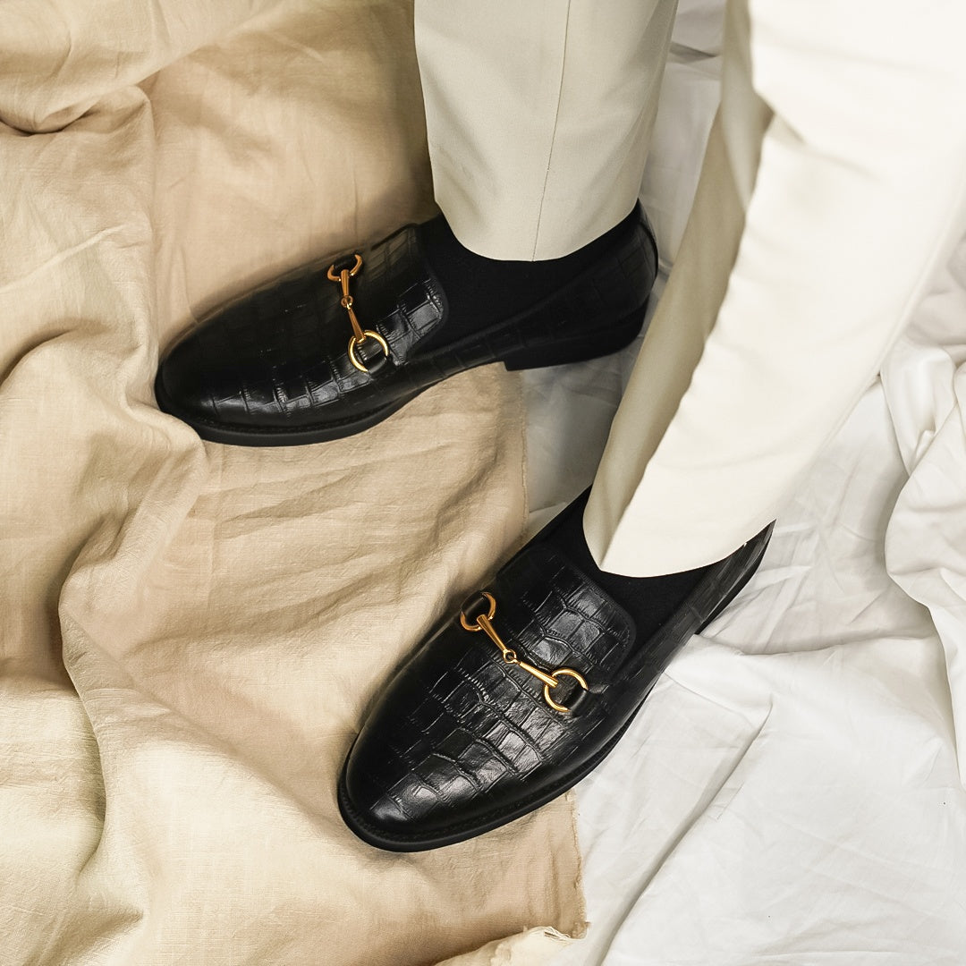 Loafer Slipper Horsebit Buckle - Black Croco Leather (Crepe Sole) - Zeve Shoes