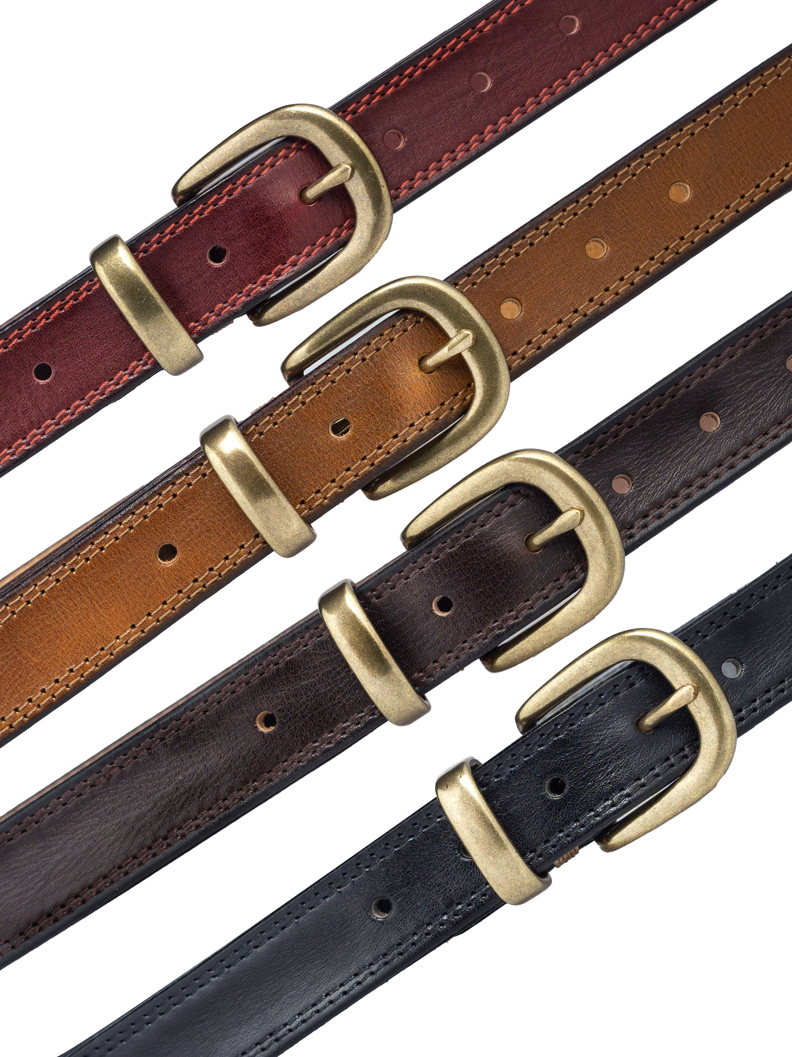 Leather Belt with Horseshoe Gold-toned Buckle with Stitching - Zeve Shoes