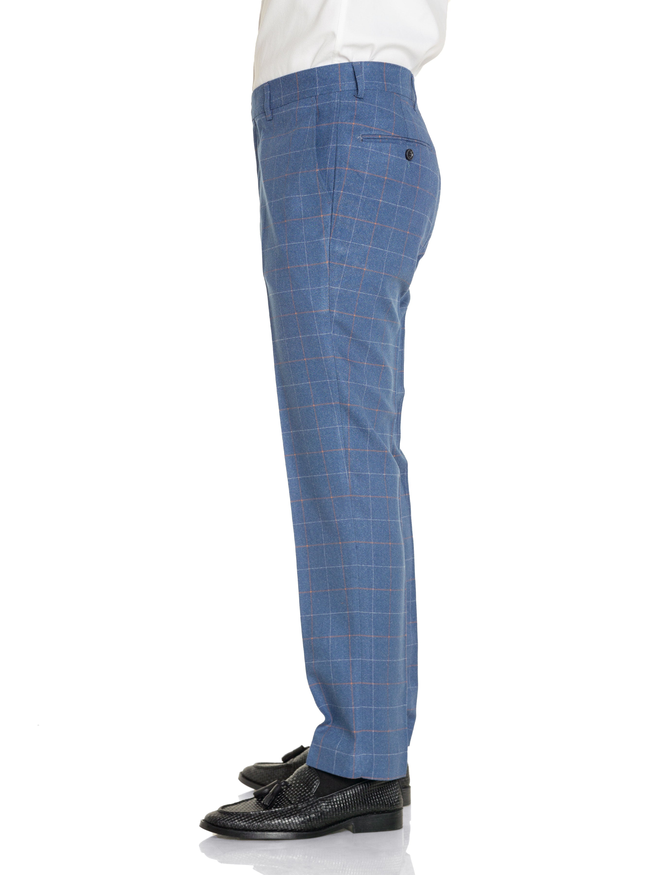 Trousers With Belt Loop -  Light Blue Windowpane Checkered (Stretchable) - Zeve Shoes