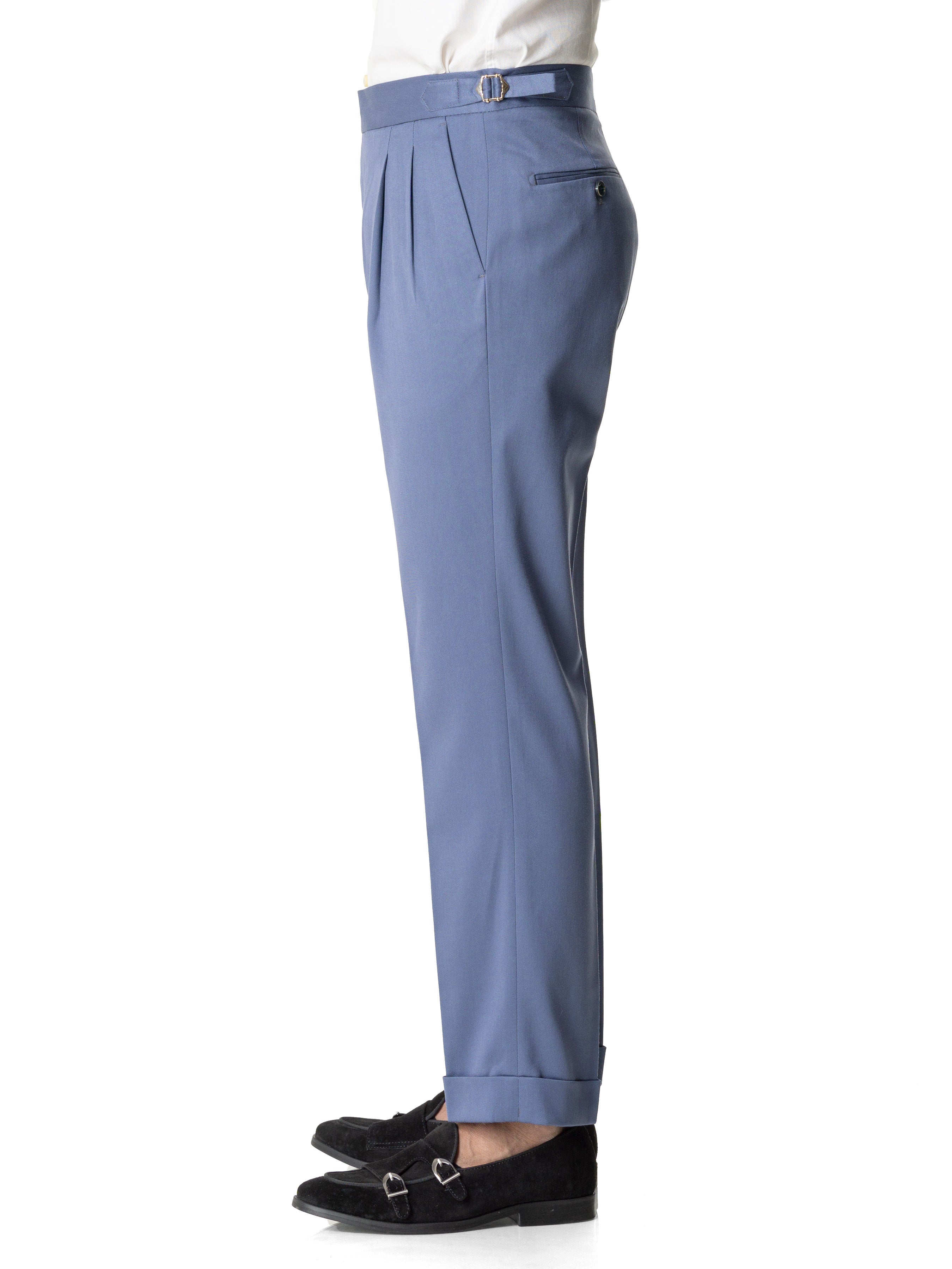 Trousers With Side Adjusters - Light Blue Plain Cuffed (Stretchable) - Zeve Shoes