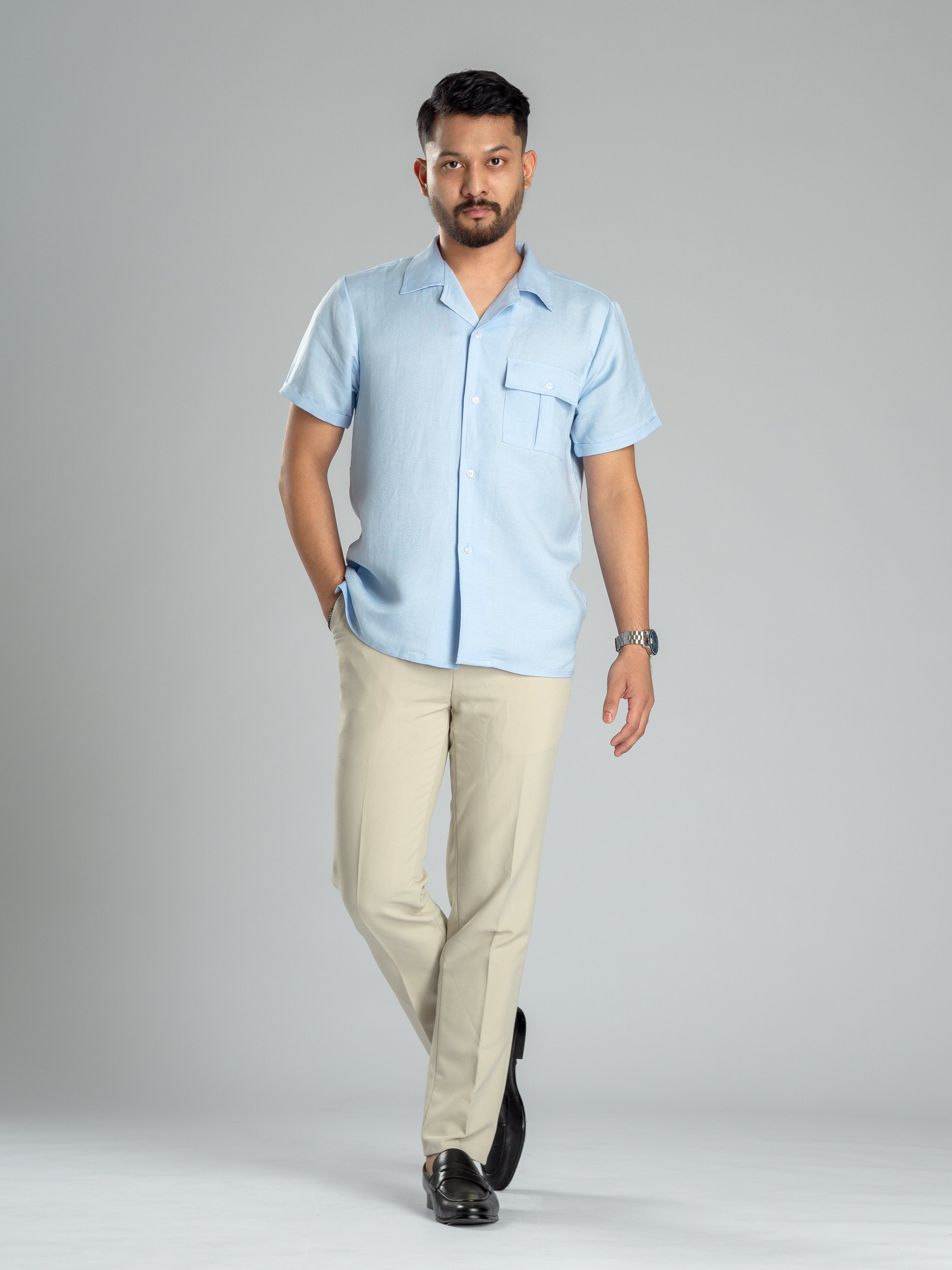 Linen Cuban Collar Shirt - Light Blue - Zeve Shoes