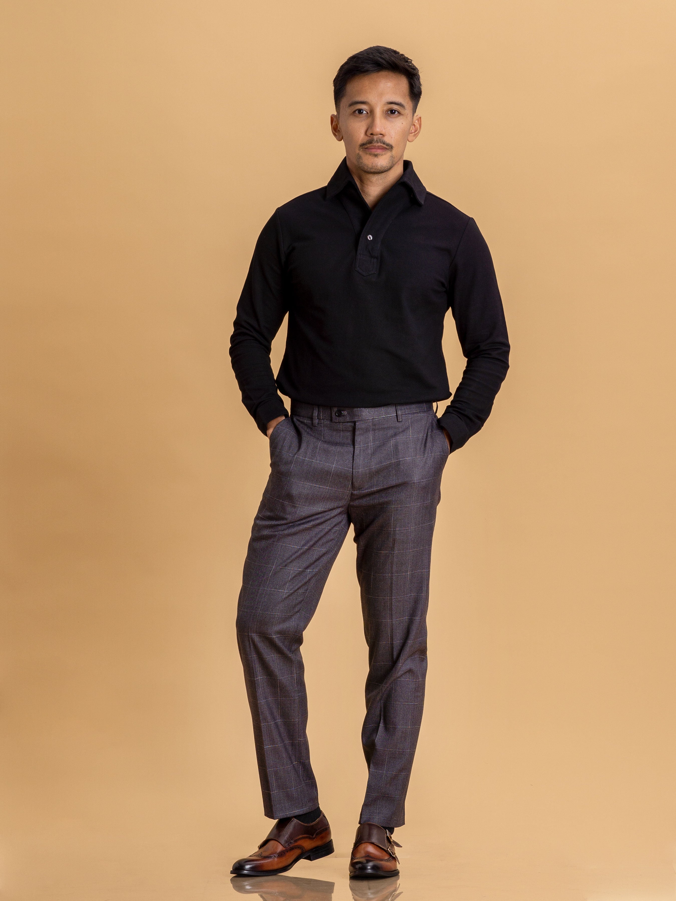 Long Sleeve Polo Shirt - Black One-Piece Collar Single Button - Zeve Shoes