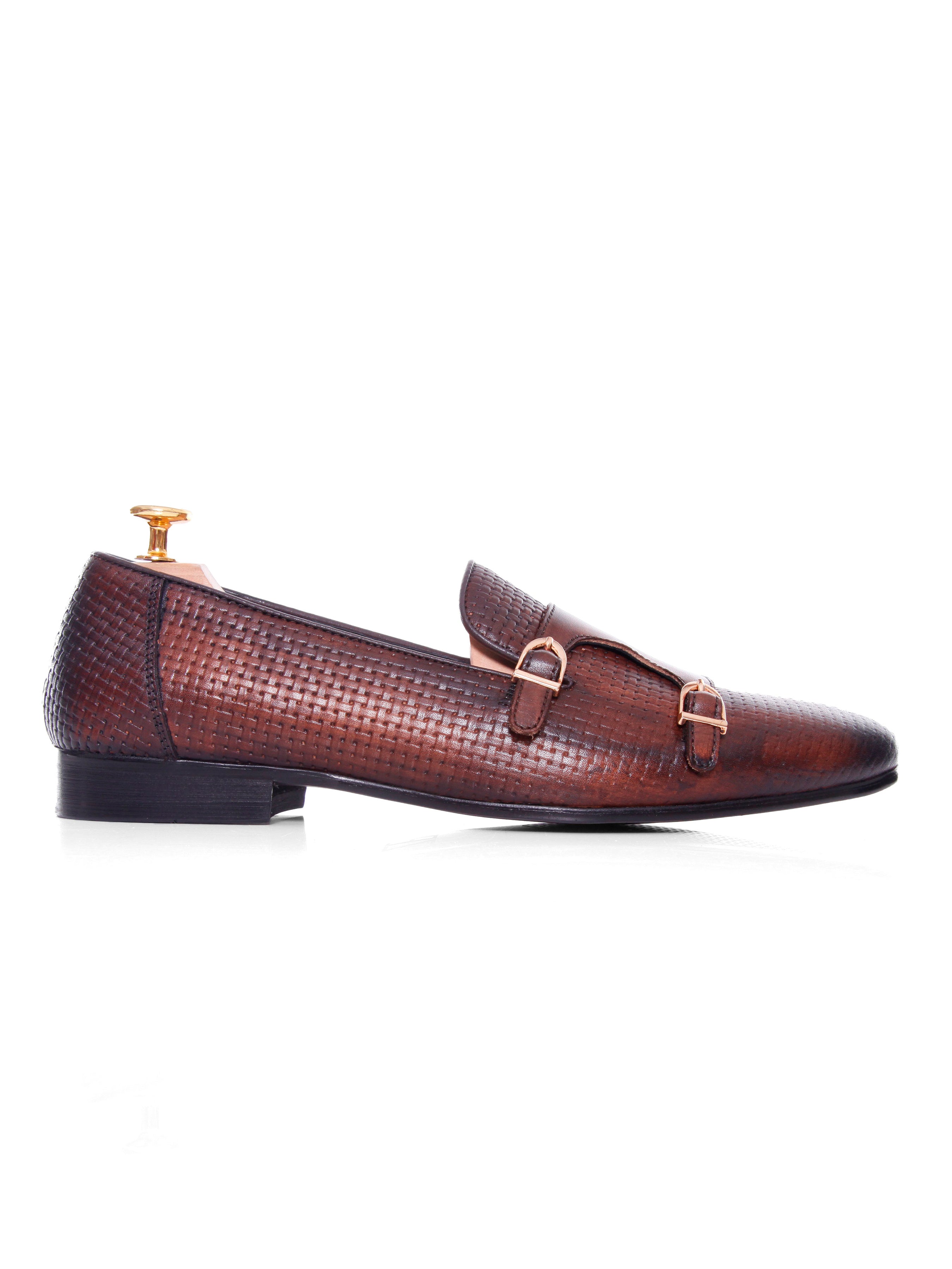 Loafer Slipper - Dark Brown Double Monk Strap with Woven Leather (Hand Painted Patina)