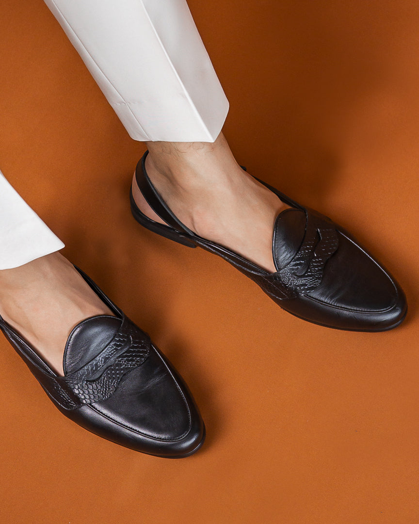Mules Belgian Penny Slingback Strap - Black Leather (Phyton Embossed Strap) - Zeve Shoes