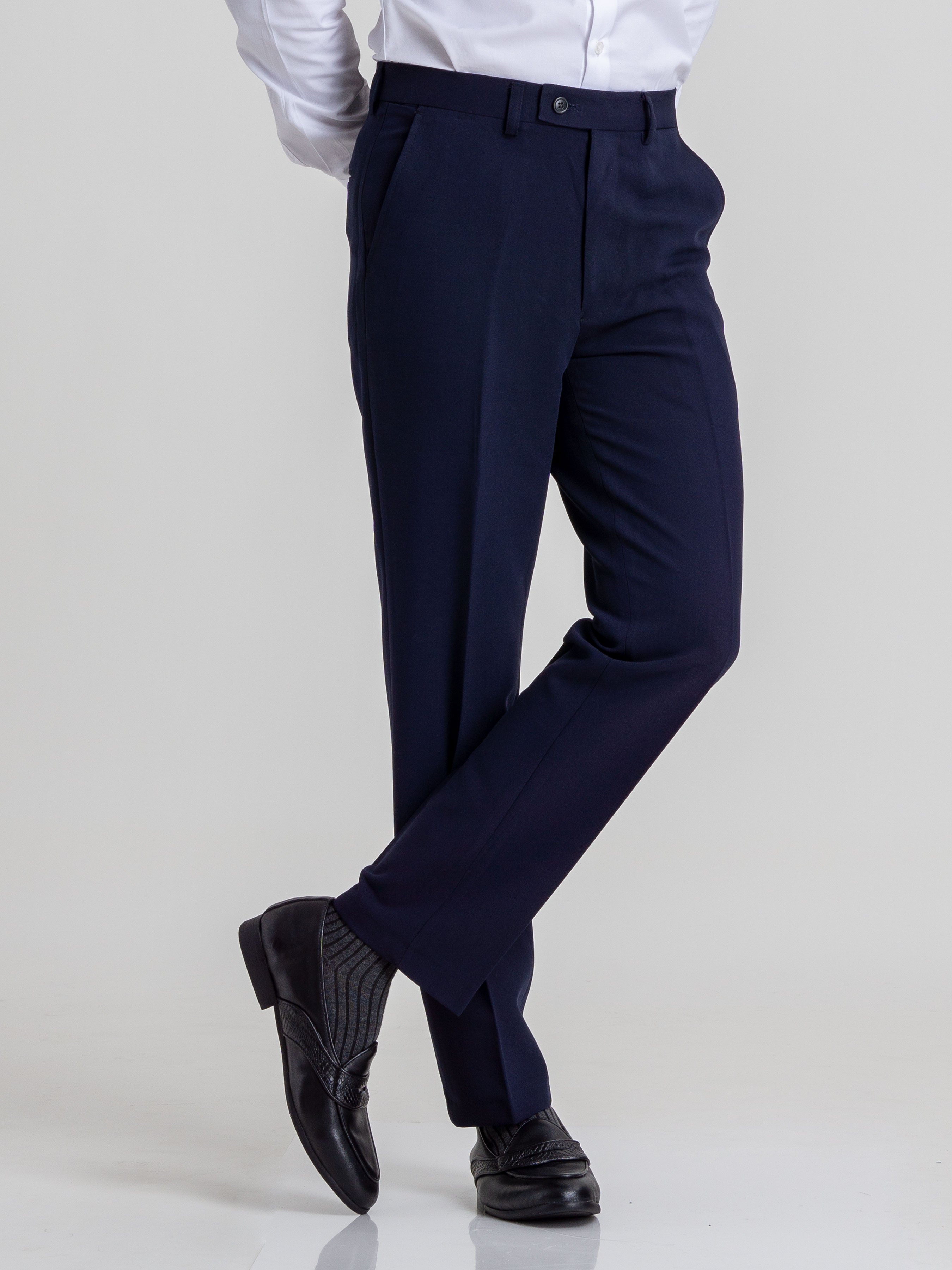 Trousers With Belt Loop -  Navy Blue Plain (Stretchable) - Zeve Shoes
