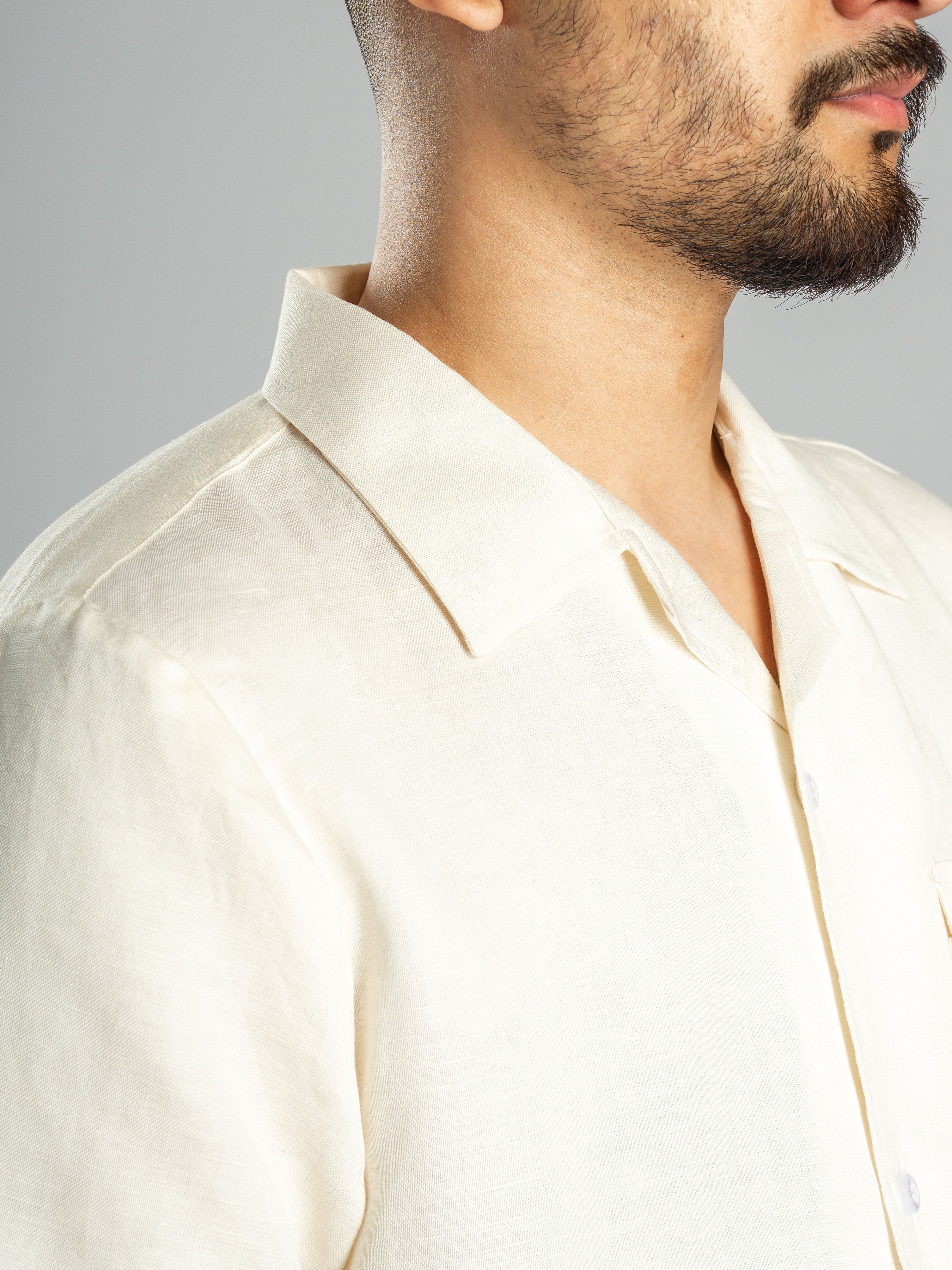 Linen Cuban Collar Shirt - Off White - Zeve Shoes