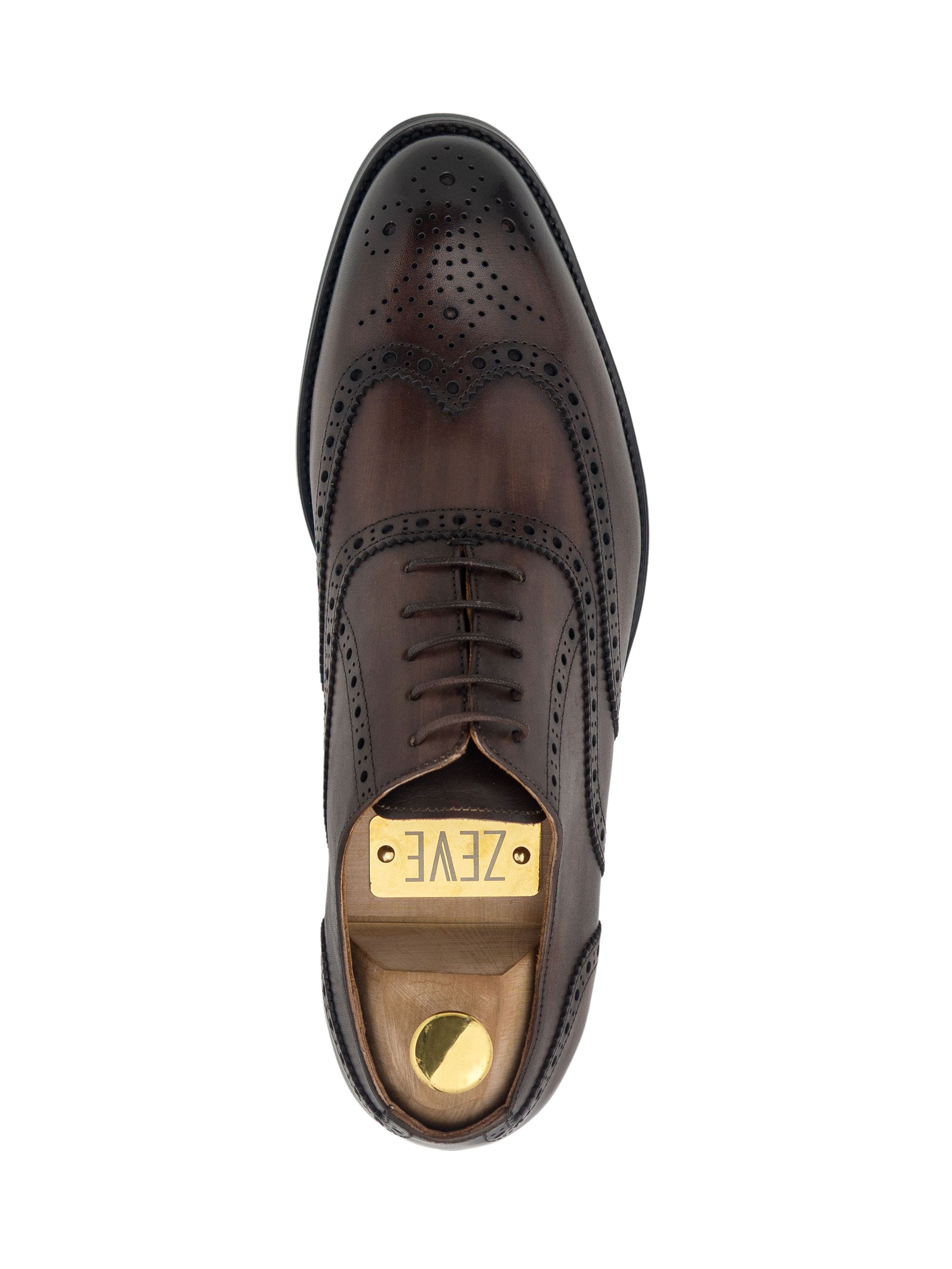 Oxford Brogue Wingtip - Dark Brown Lace Up (Hand Painted Patina) - Zeve Shoes