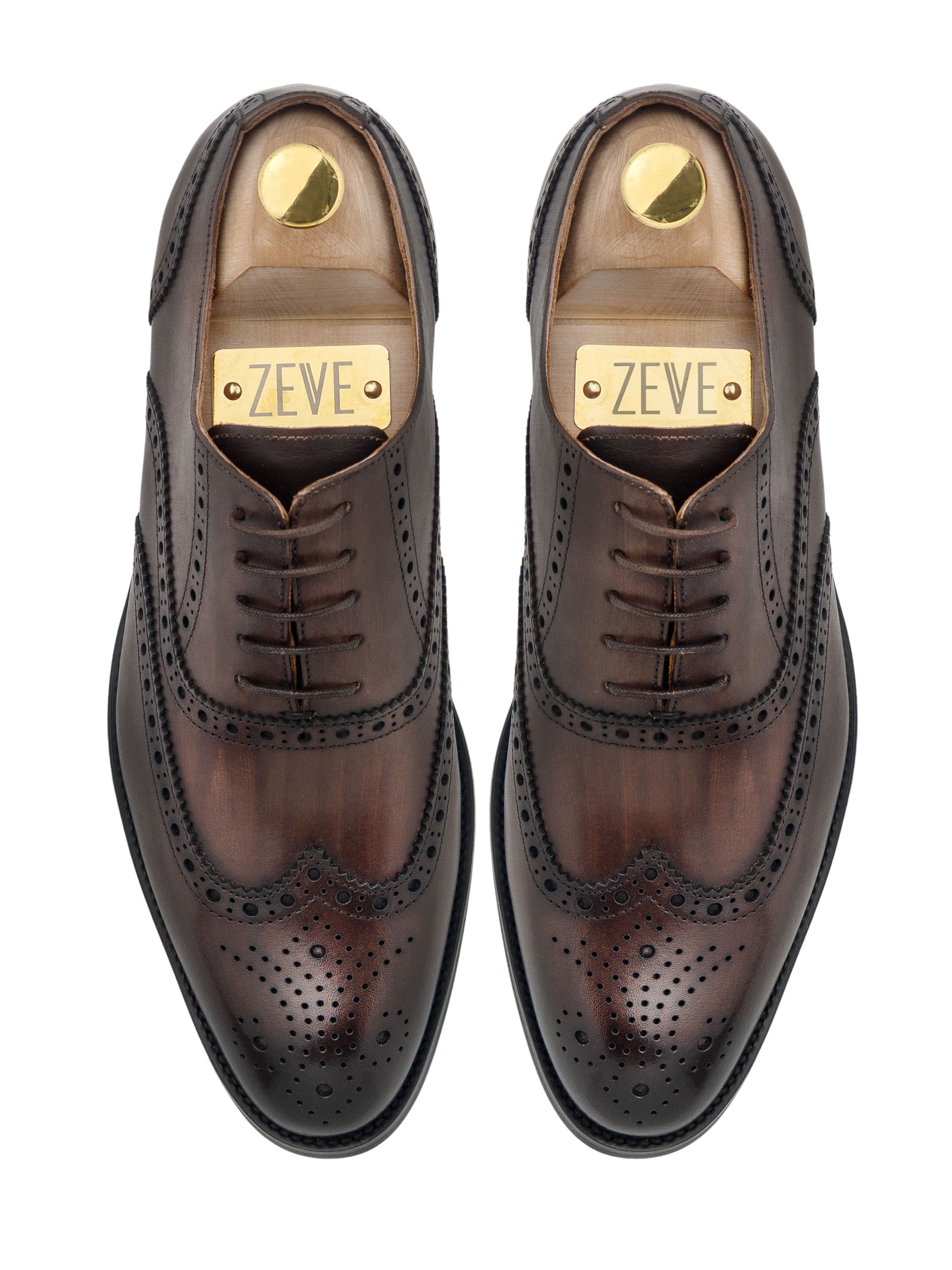 Oxford Brogue Wingtip - Dark Brown Lace Up (Hand Painted Patina) - Zeve Shoes