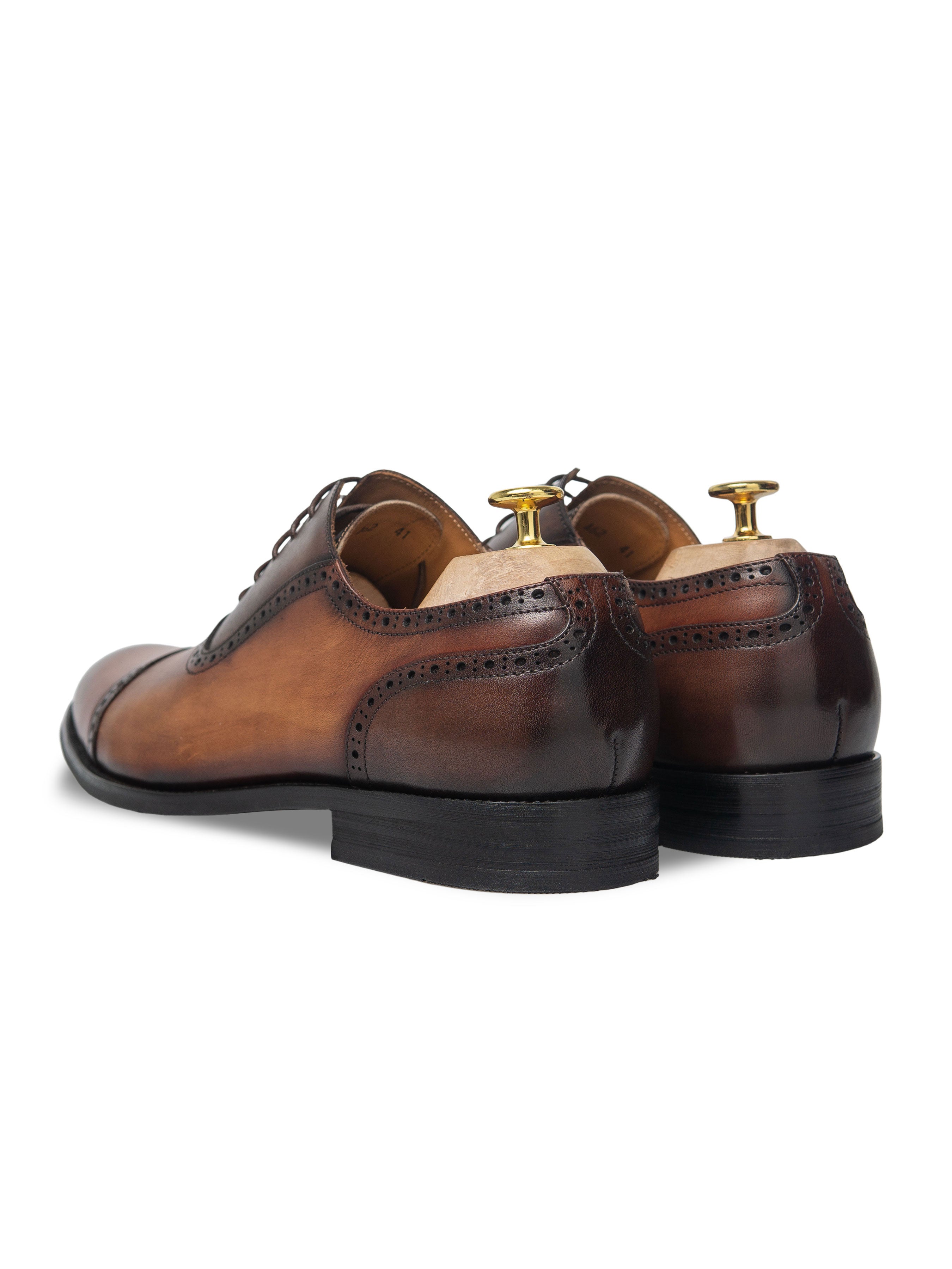 Oxford Cap Toe Adelaide - Duo-Tone Cognac Tan Lace Up (Hand Painted Patina) - Zeve Shoes
