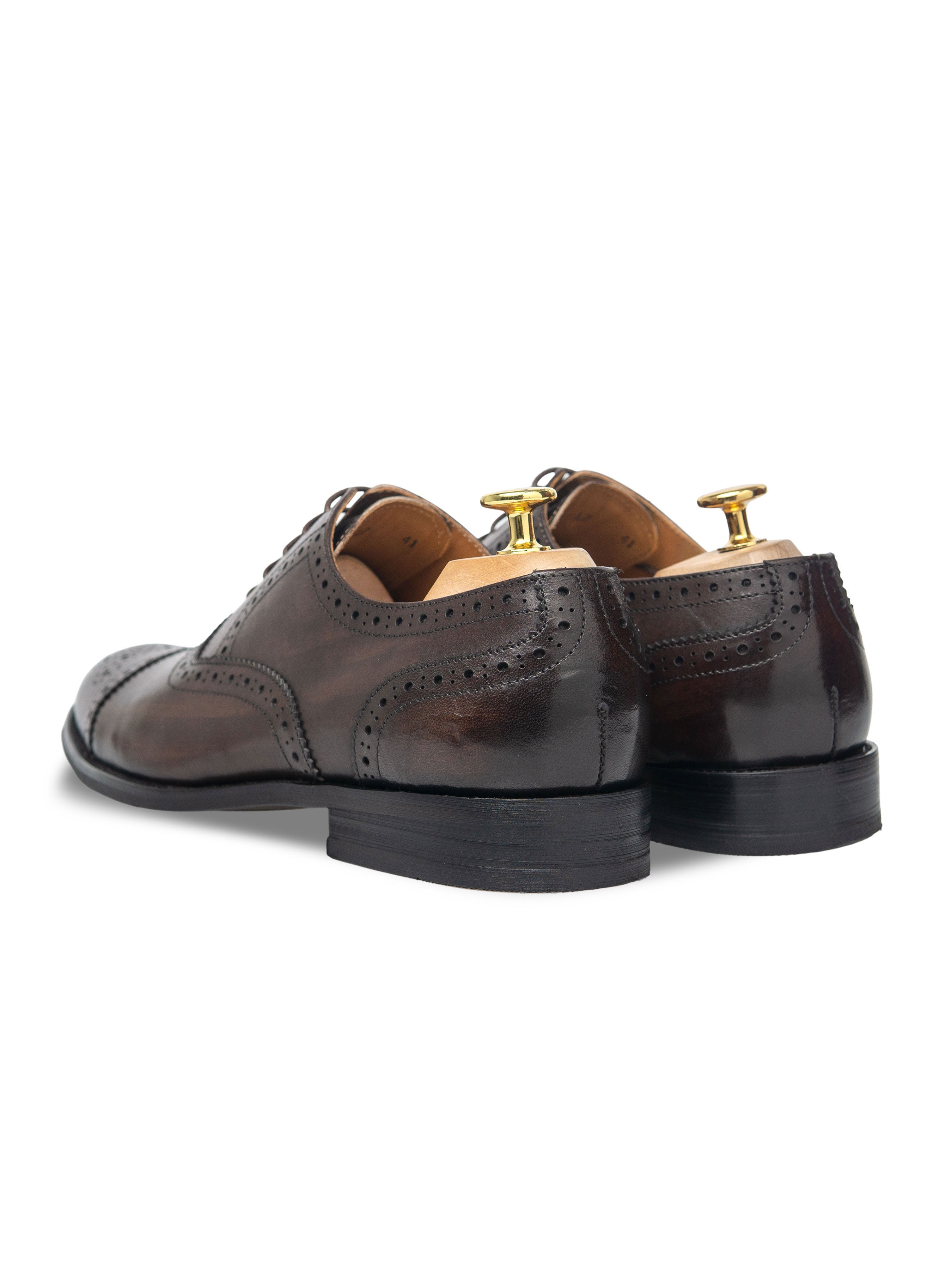 Oxford Cap Toe - Dark Brown Semi Brogue Lace Up (Hand Painted Patina) - Zeve Shoes