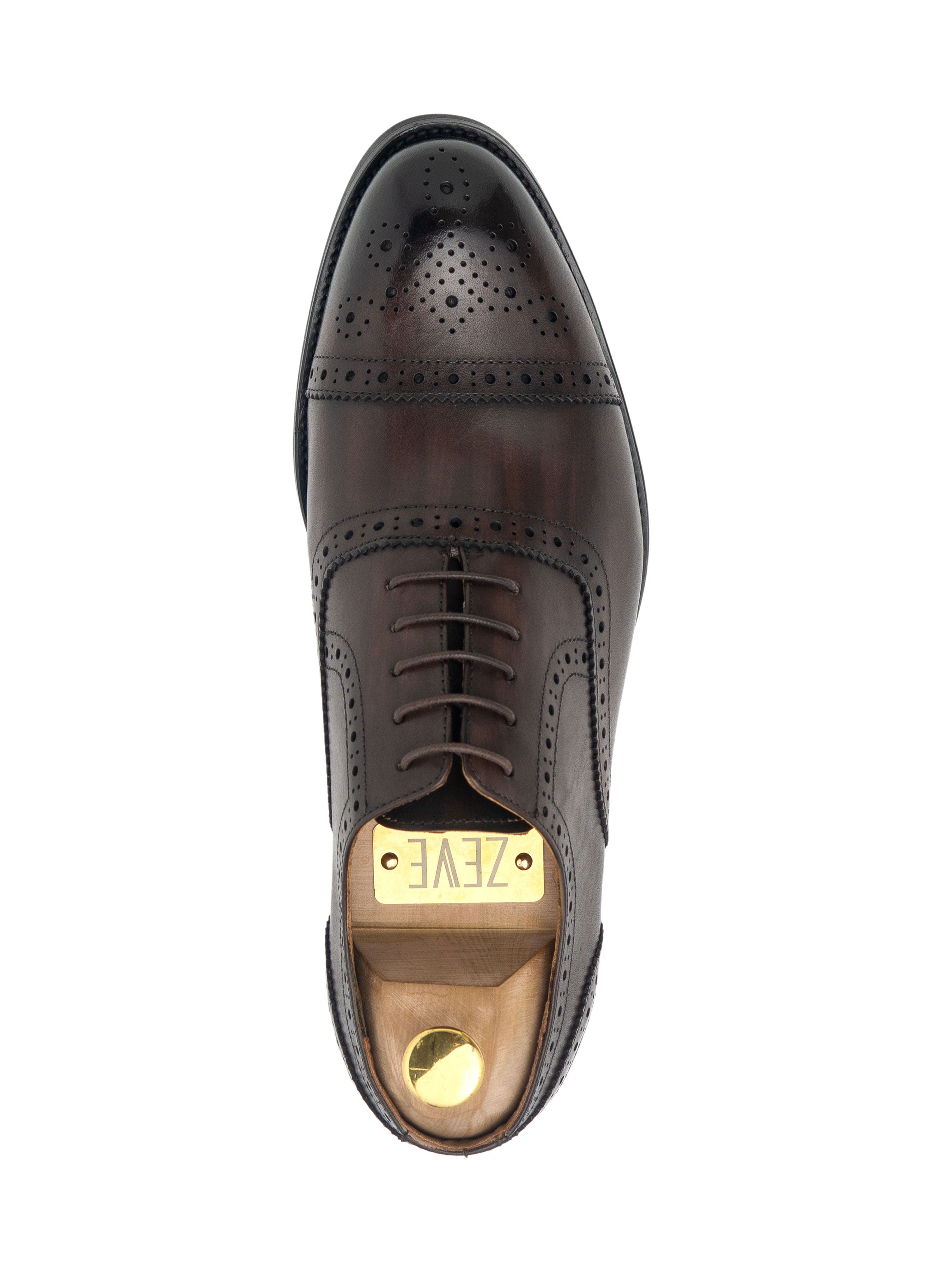 Oxford Cap Toe - Dark Brown Semi Brogue Lace Up (Hand Painted Patina) - Zeve Shoes
