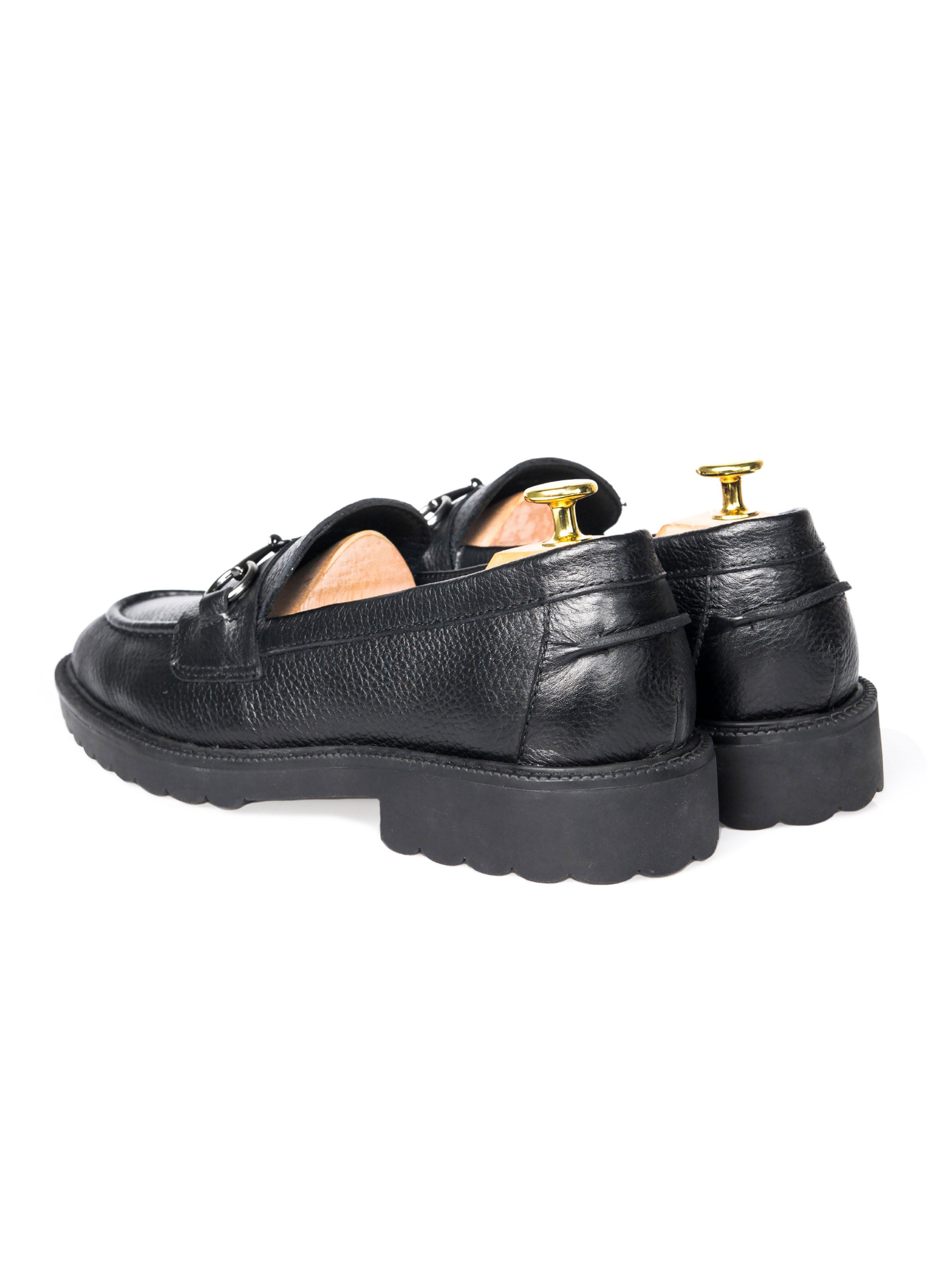 Penny Loafer Horsebit Buckle - Black Pebble Grain Leather (Combat Sole) - Zeve Shoes