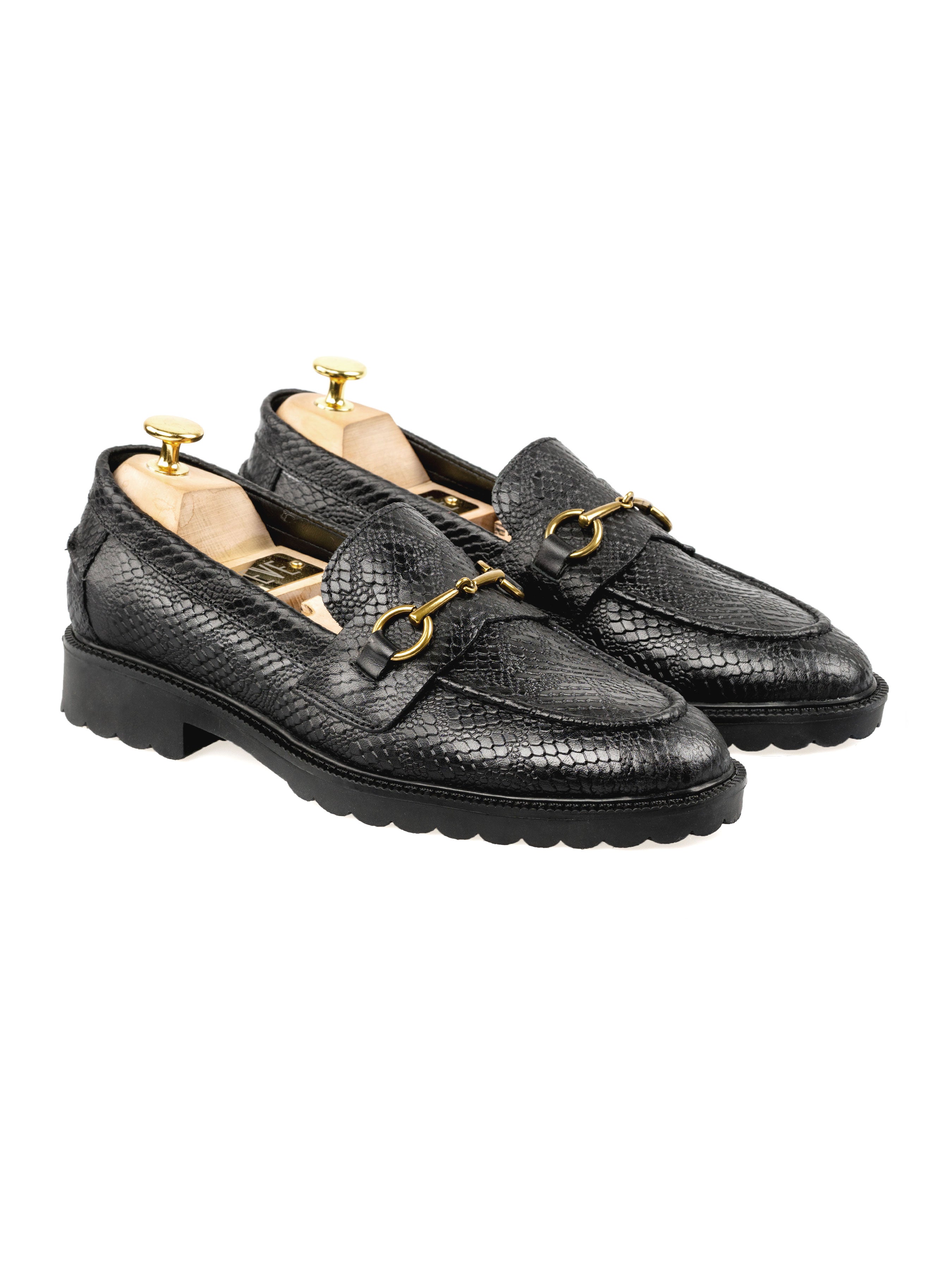 Penny Loafer Horsebit Buckle - Black Phyton Leather (Combat Sole) - Zeve Shoes