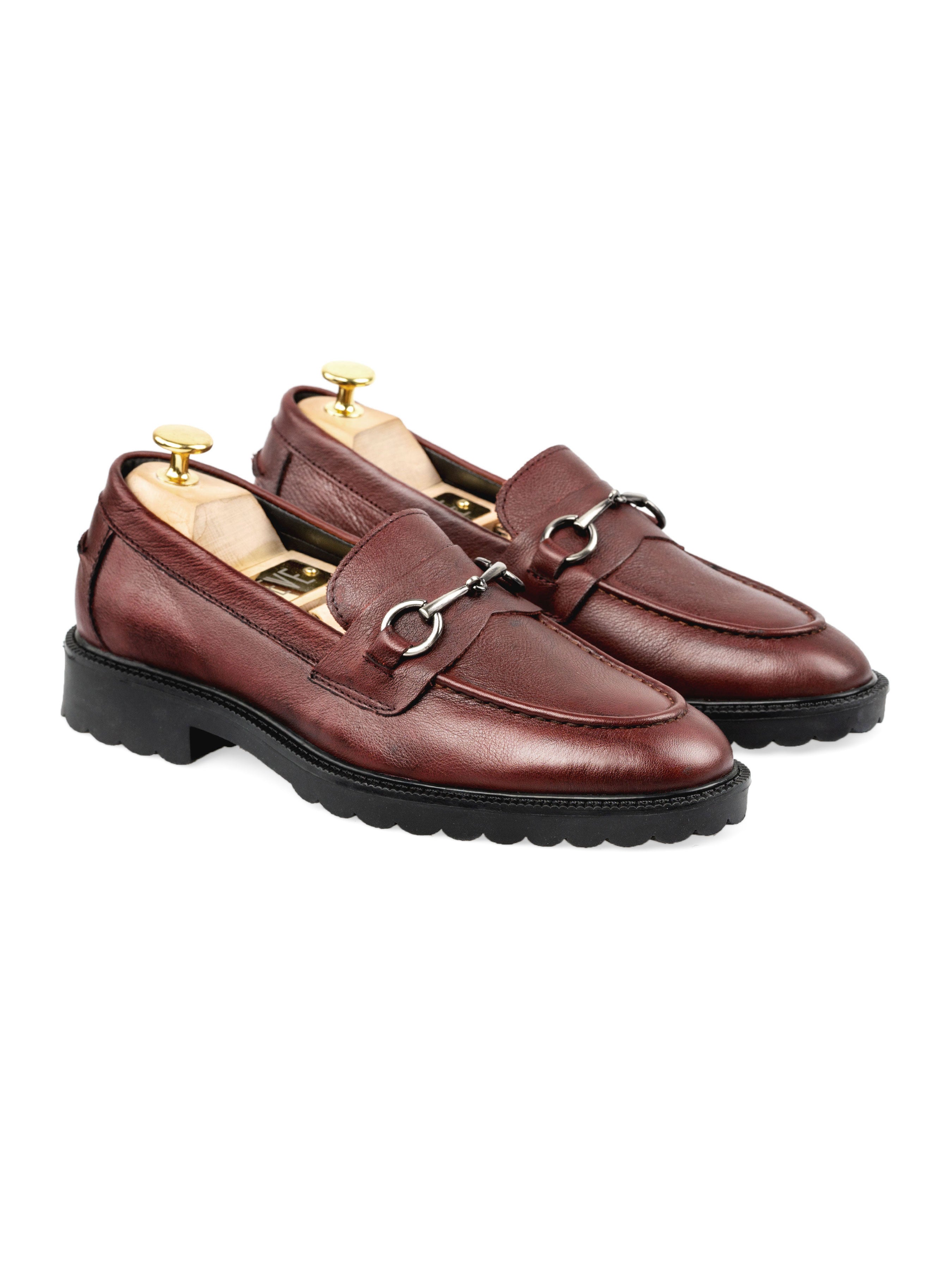 Penny Loafer Horsebit Buckle - Red Burgundy Pebble Grain Leather (Combat Sole) - Zeve Shoes